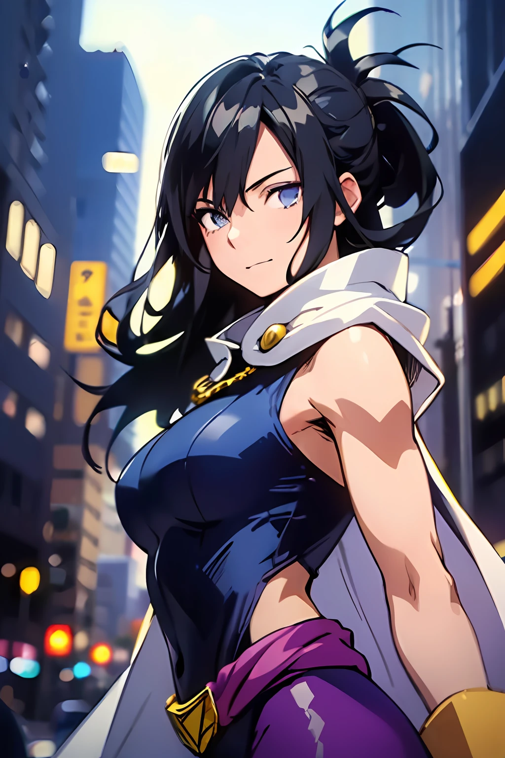 (masterpiece, best quality:1.4), cinematic light, colorful, high contrast, (1girl), NanaShimura, boku no hero academia, black hair, mole under mouth, large breasts, (blue eyes), hair between eyes, sleeveless, bodysuit, white cape, yellow gloves, in the city, night, stars