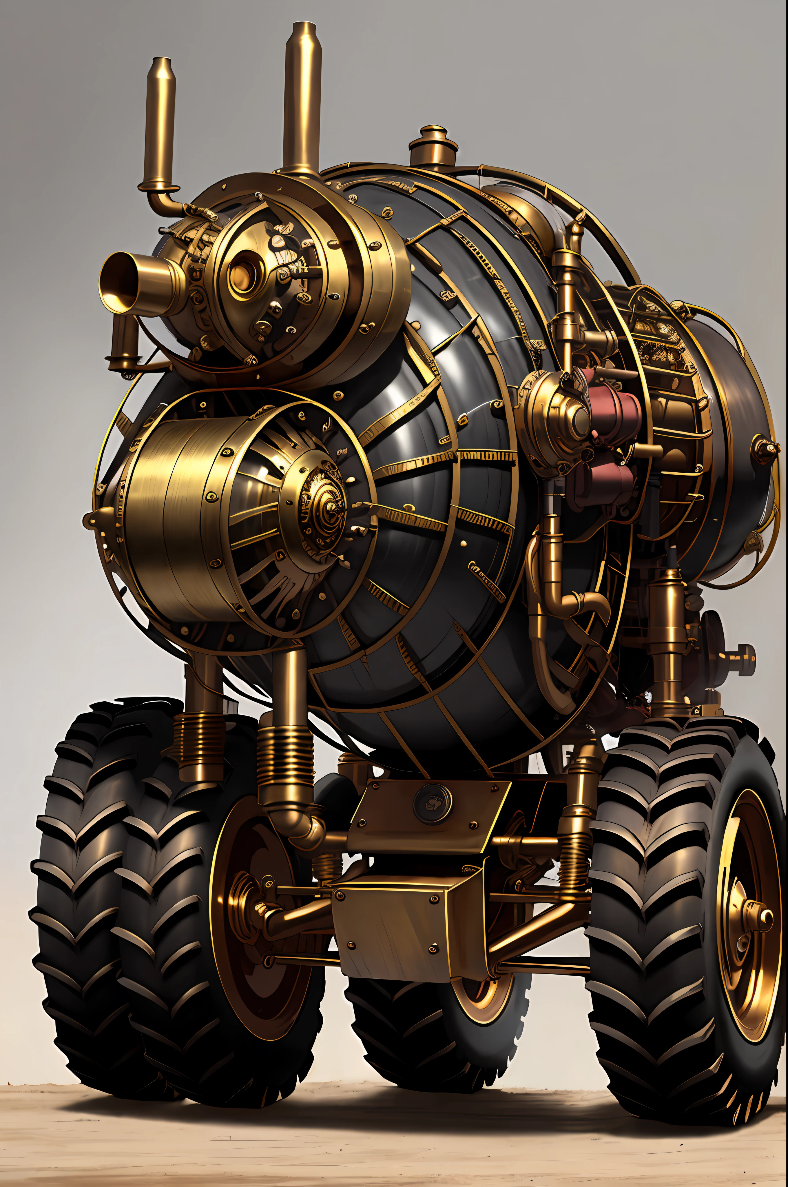 Steampunk monster trucks、from side view、brass、steel、Great photos of pipes、White background