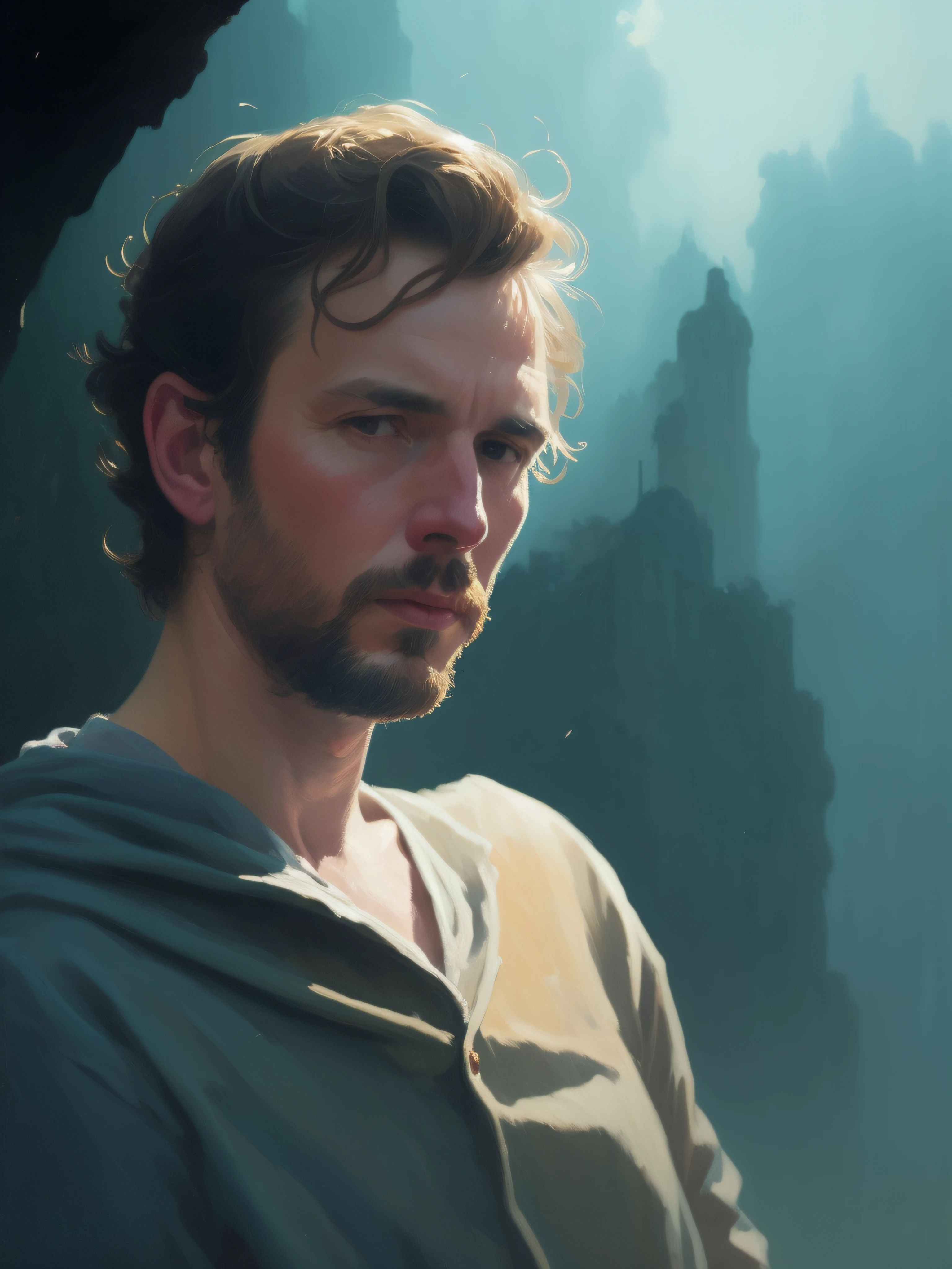 There's a man with brown hair, pensativo e uma camisa grisalha, Stefan Koidl inspirado, cinematic bust portrait, inspirado em Marius Borgeaud, Arte conceitual 4K e hiper realismo, simon stälenhag, James Gurney Cinematic Lighting, Sergey Kolesov Arte conceitual, James Gurney Estilo de pintura, Greg Rutkowski. cinemactic, imegem preta e branca