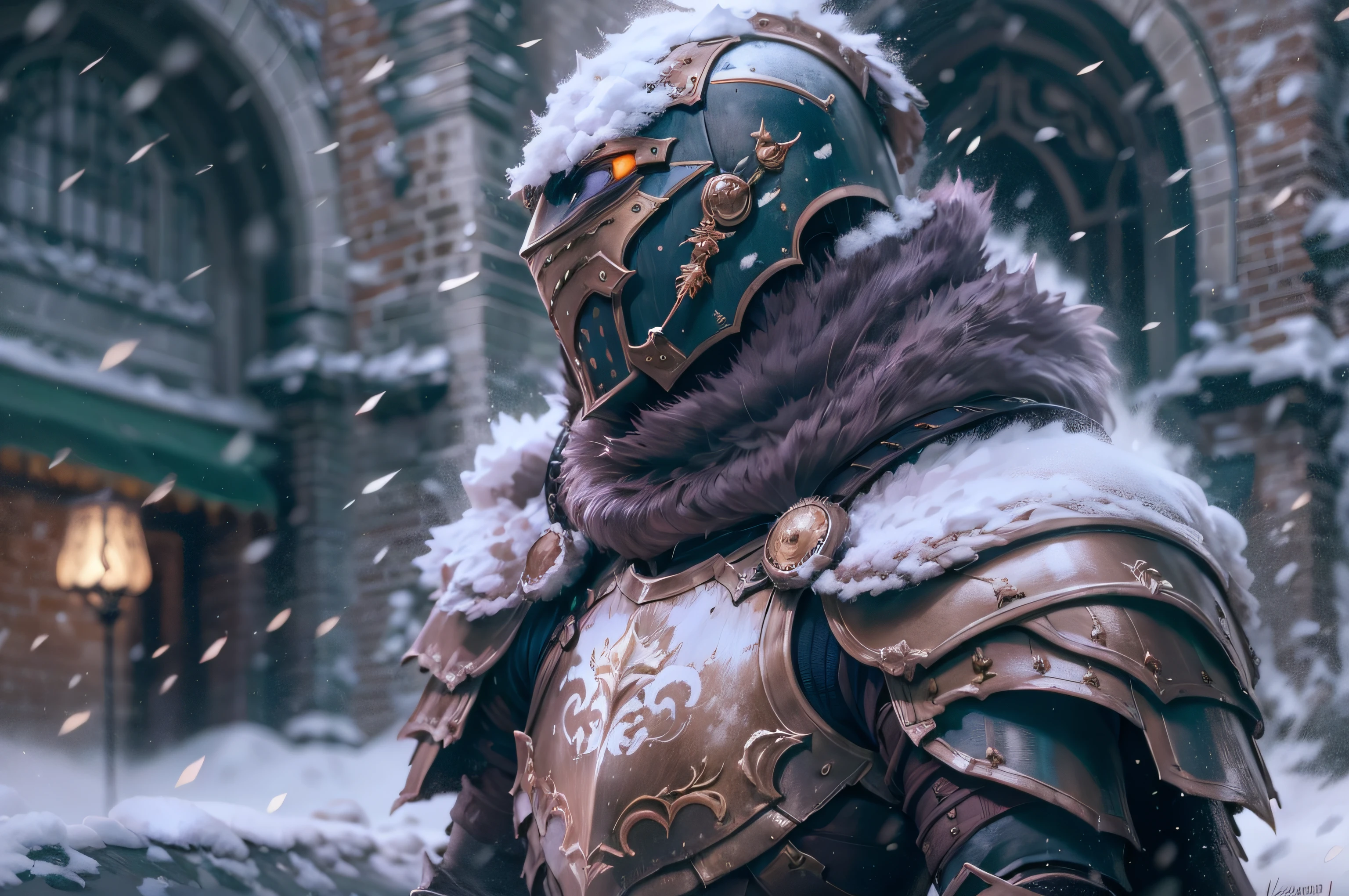 a fully armored noble paladin in a snowy city