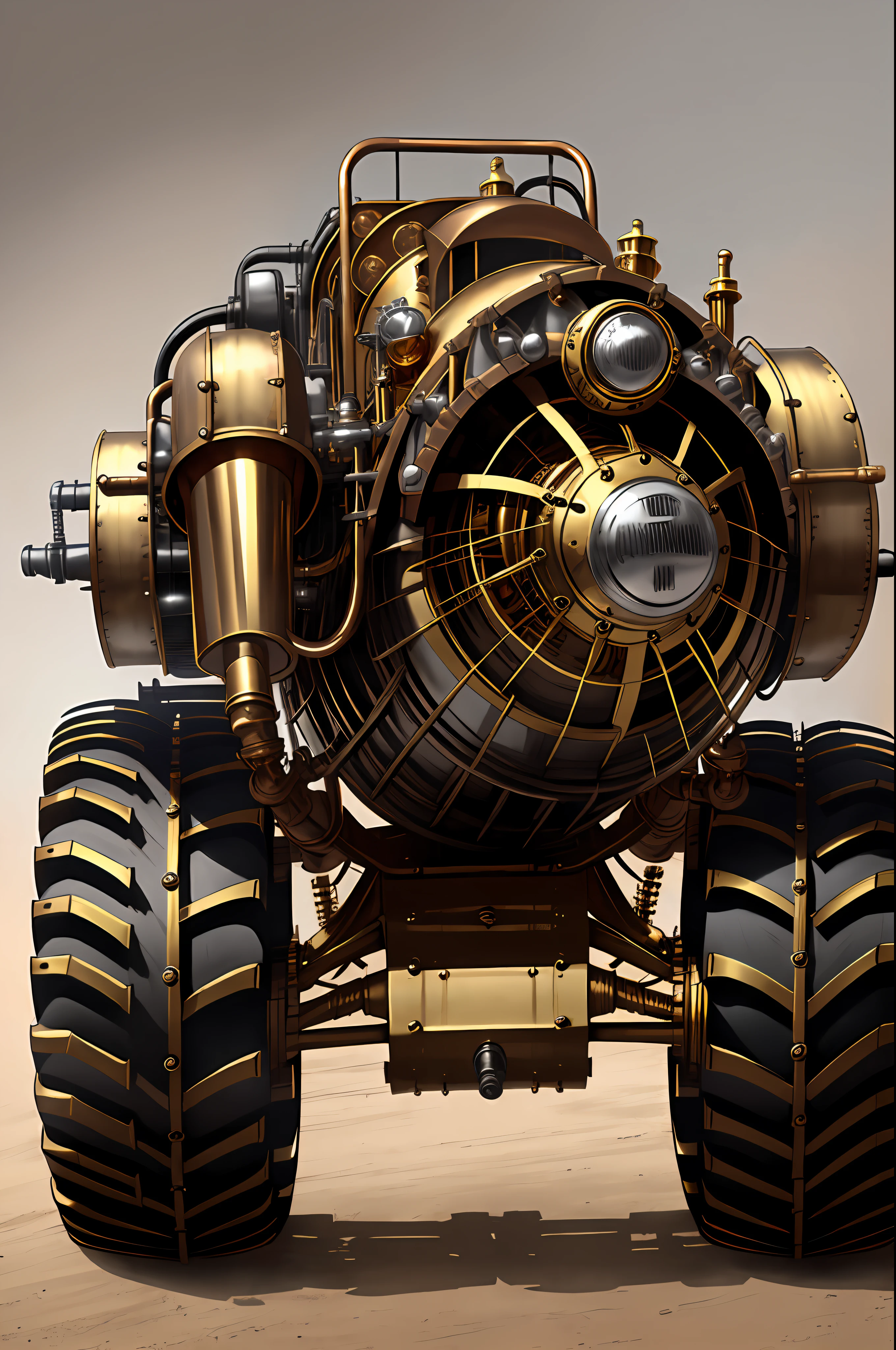 Steampunk monster trucks、from side view、brass、steel、Great photos of pipes、White background