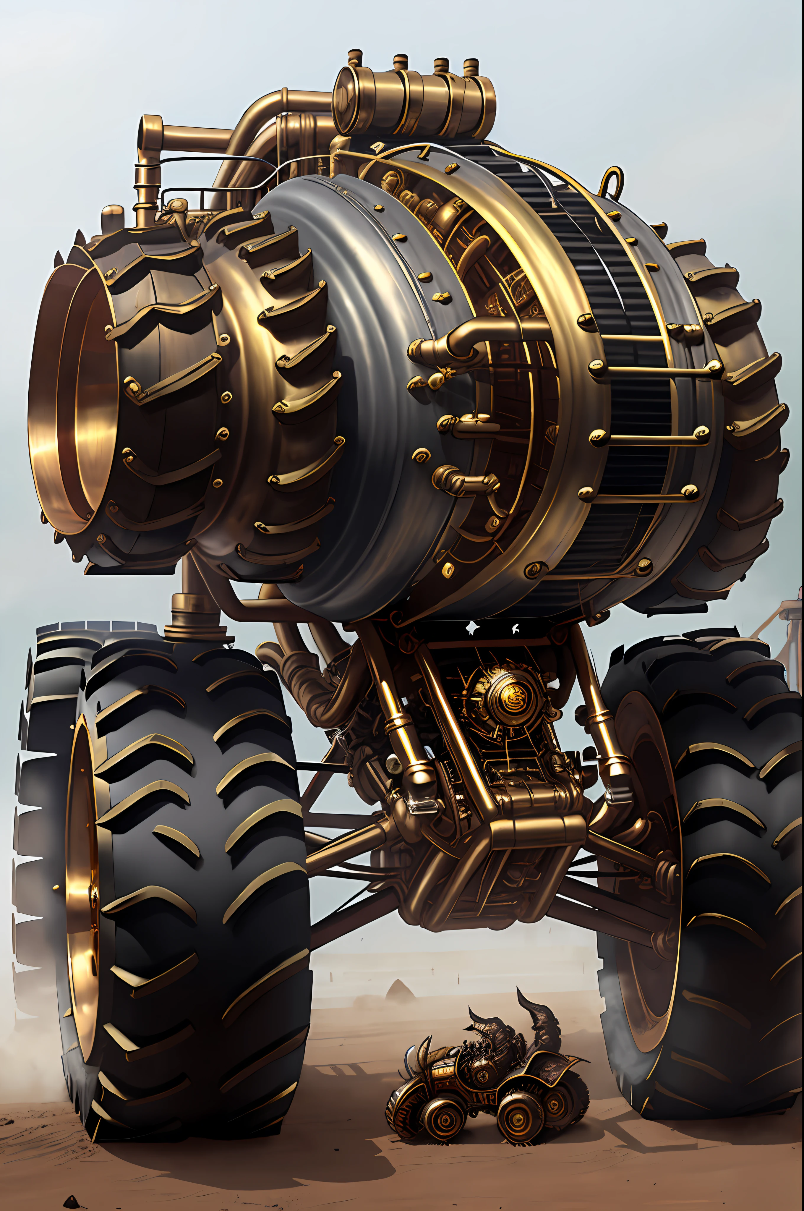 Steampunk monster trucks、from side view、brass、steel、Great photos of pipes、White background