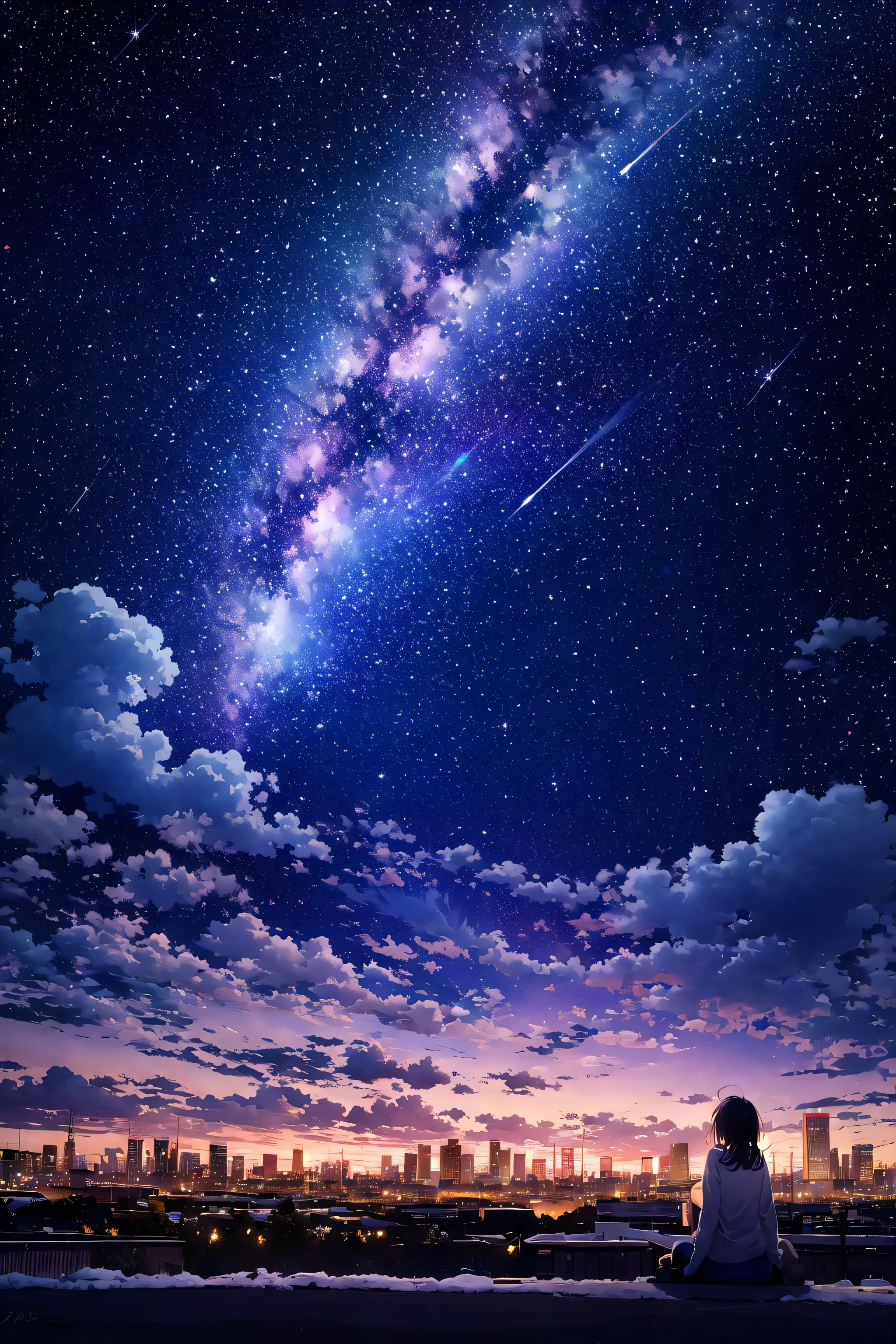 octans, sky, star (sky), scenery, starry sky, night, 1girl, night sky, solo, outdoors, building, cloud, milky way, sitting, tree, long hair, city, silhouette, cityscape