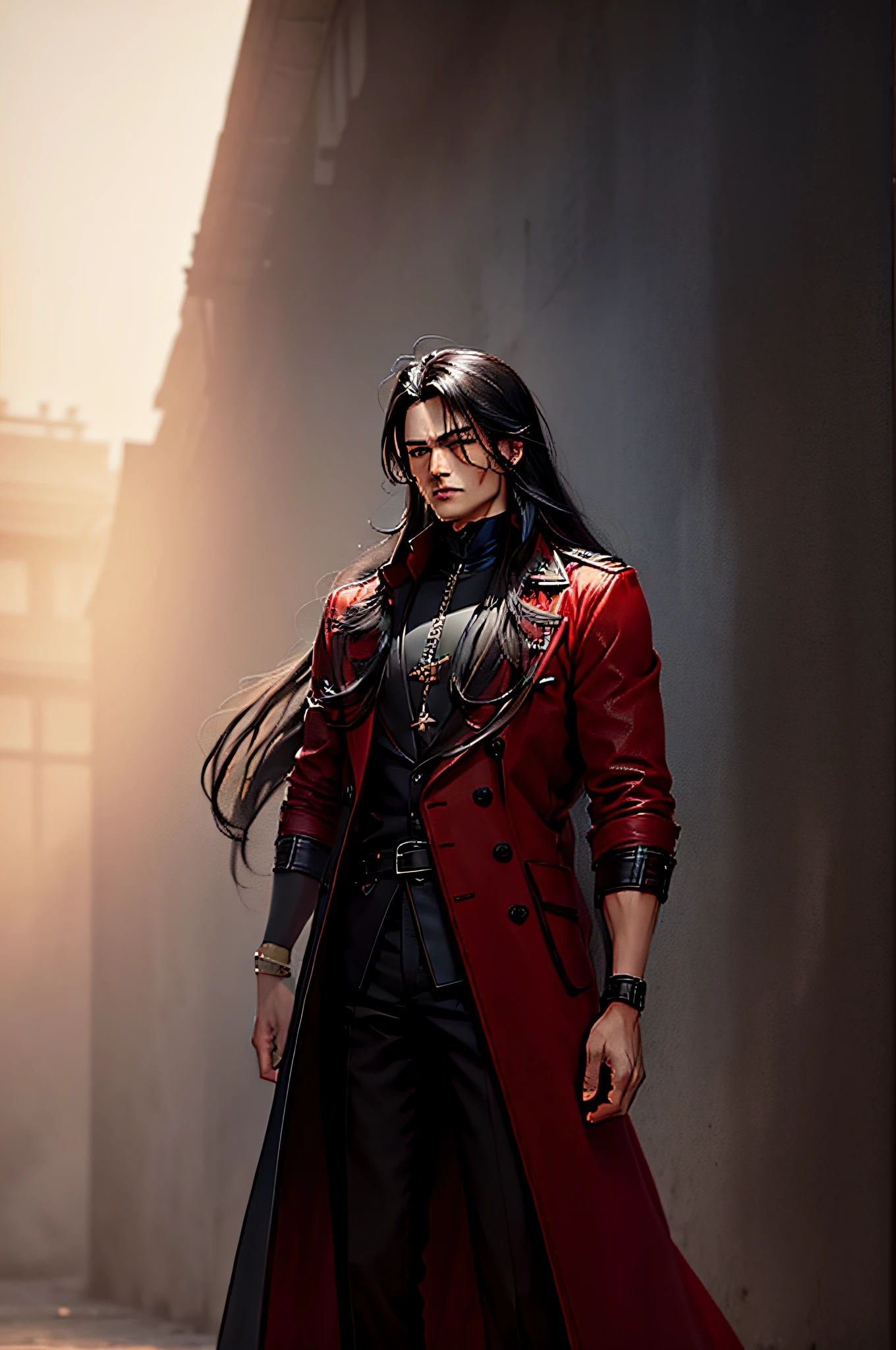 Man with red overcoat, long black hair, brown eyes, holding a black katana