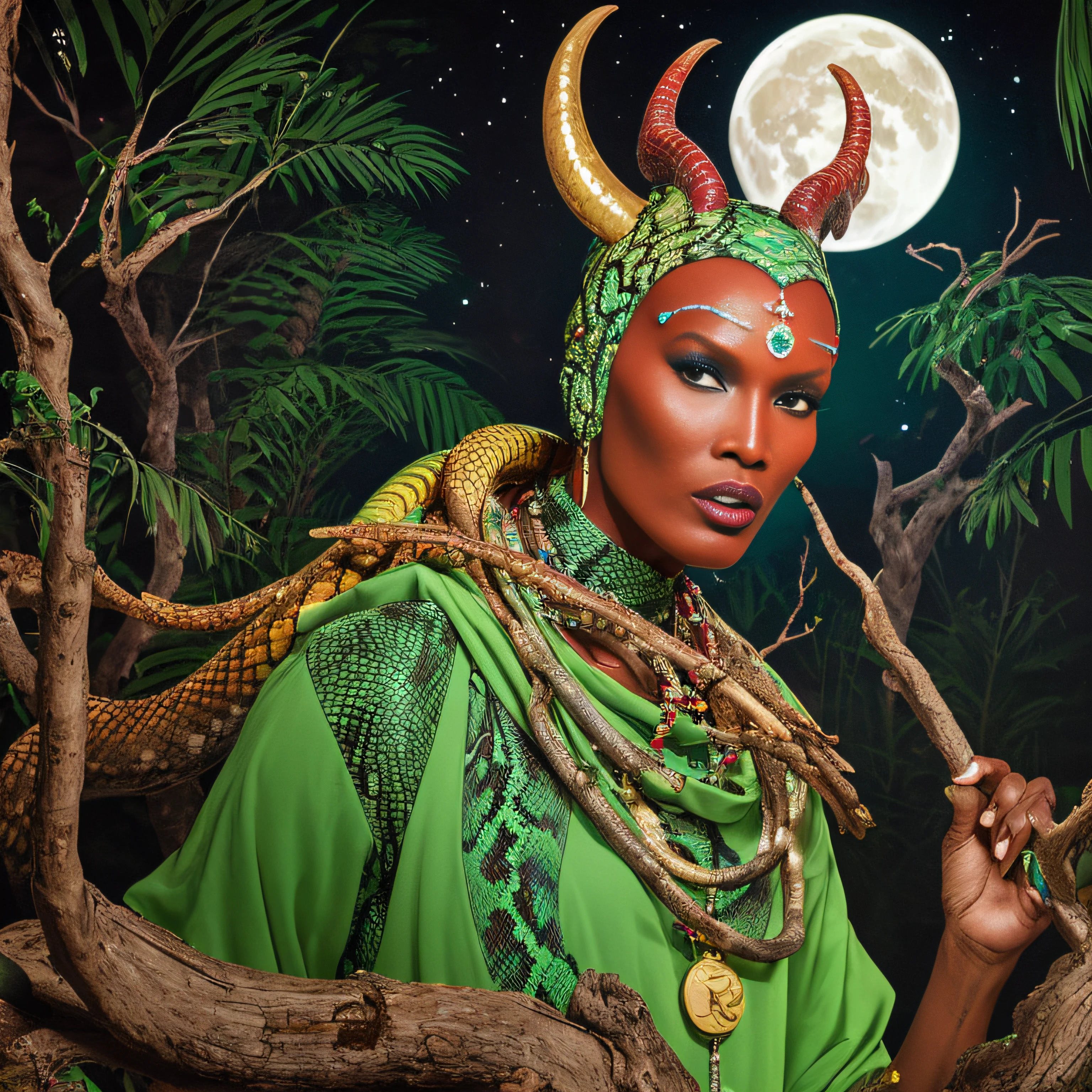 Grace Jones wearing a green and red snake necklace with horns, yellow eyes, body with tribal paintings in white color, background composed of a wooden house catching fire in the middle of a forest, at night, illuminated by the light of the moon, moons of various shapes in the night and starry sky, branches of large and thick trees forming the wooden house, ritualistic objects scattered around the environment, cinematic lights, dreamlike environment, snakes colored by the environment, SHARP IMAGE, PERFECT LIMBS, PERFECT FACES, IMAGE WITHOUT BLUR, PROFESSIONAL IMAGE, GAYS DISTANT FROM EACH OTHER, WHOLE LEGS, INNER ARMS, FLAWLESS IMAGE, SHARP IMAGE, DECENT IMAGE, GOOD QUALITY, WELL FINISHED, best quality, masterpiece, high resolution, 8k, hyper-realistic image, professional photo, realistic image, full-body view, bottom-up angle