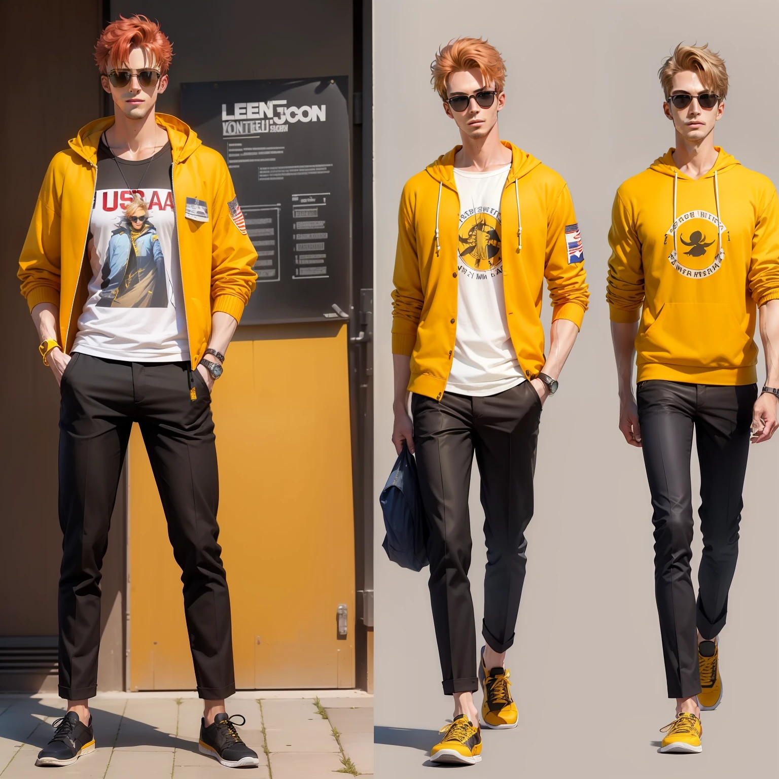 (Personagem original) ((refer ence sheet)) homem de 20 anos, 175cm, cabelos longos vermelhos, corpo magro, sun glasses, rosto sorridente (((usa moletom amarelo))) style with black pants, sapato vermelho