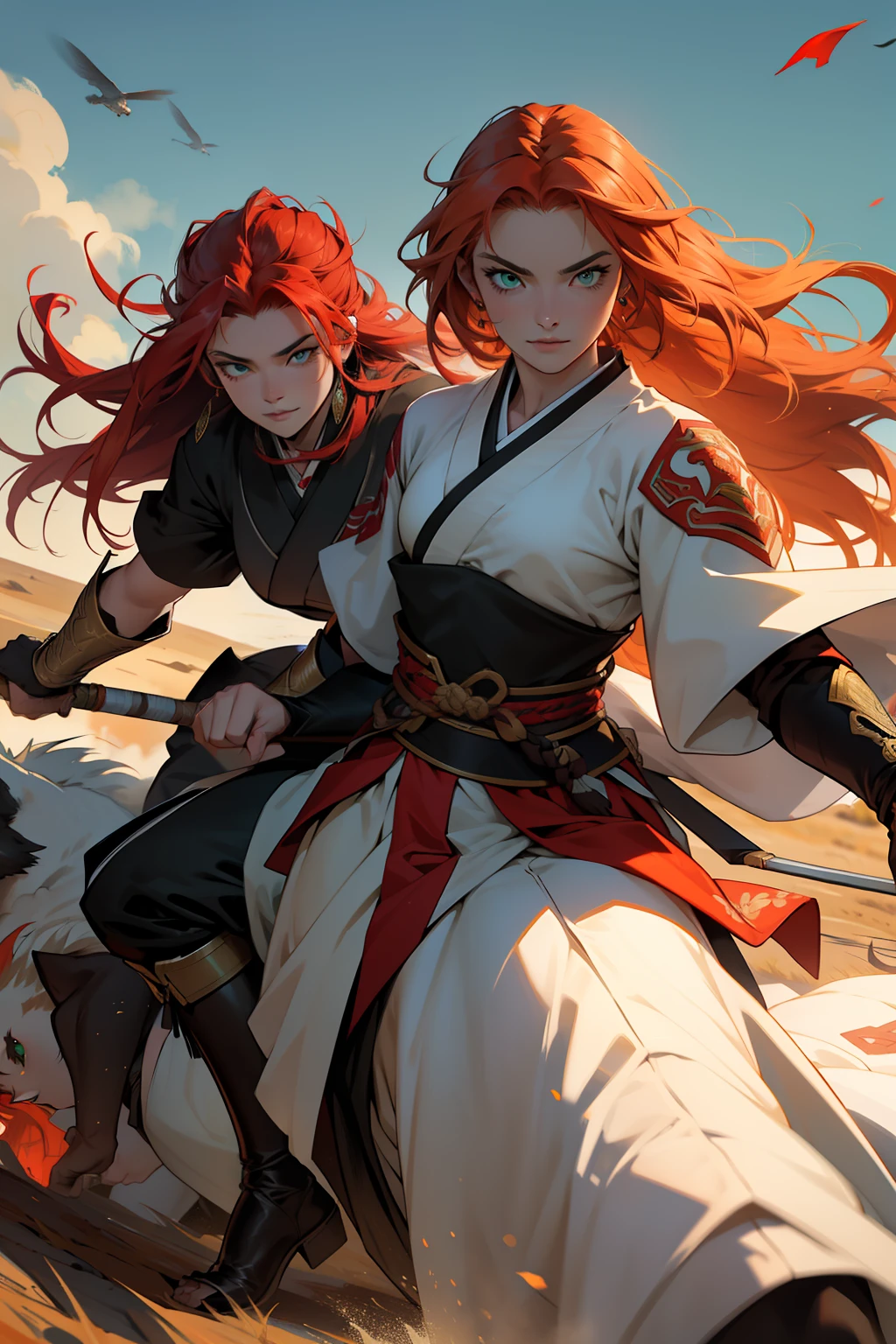 ((melhor qualidade)), ((obra-prima)), (altamente detalhado:1.3) Two long-haired, sexy pale, red-haired adult women, Gemeas and green eyes running alongside white and black wolves on a plateau in feudal Japan