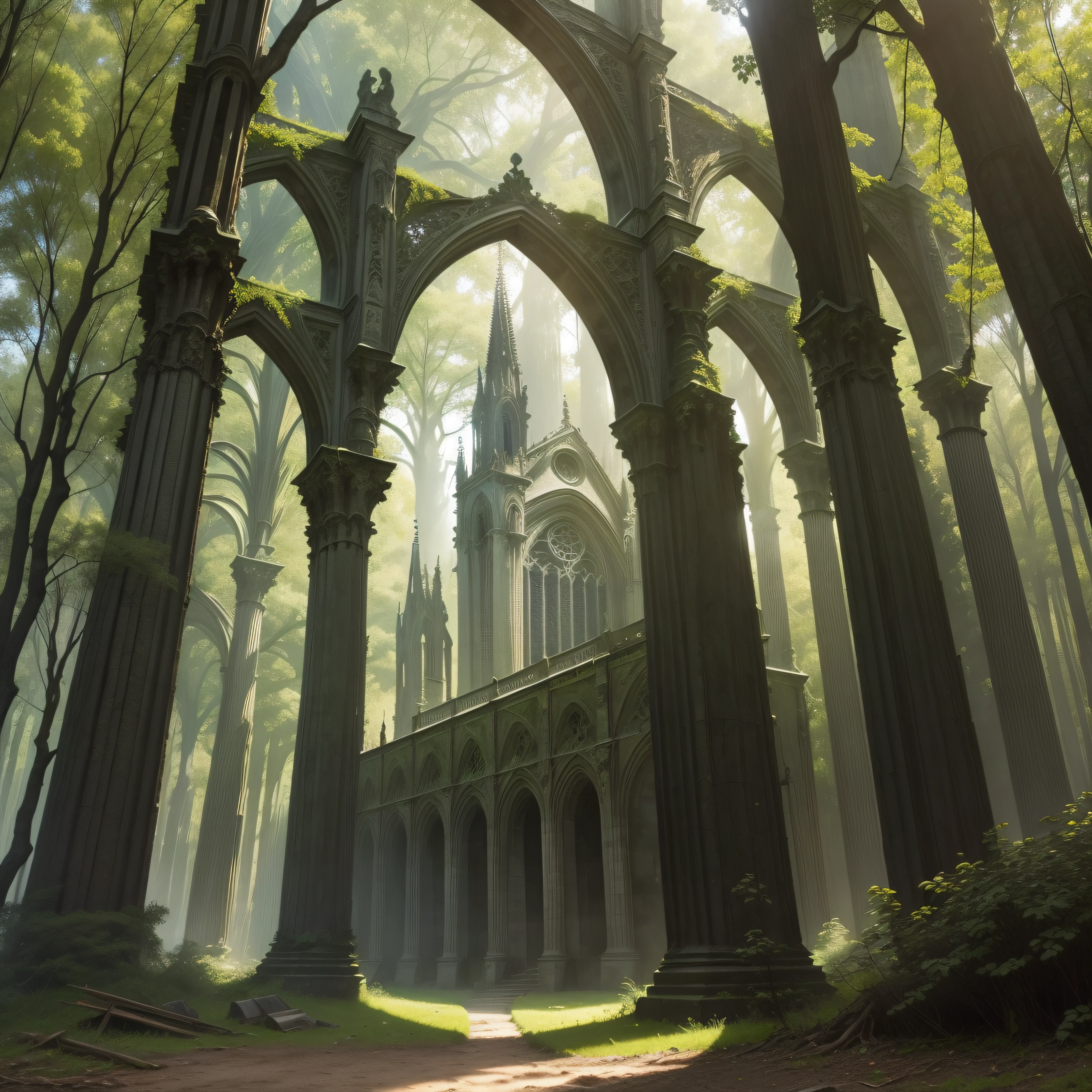 (extremadamente detallado, obra maestra, La mejor calidad), paisaje de bosque. ruined gothic cathedral. Green giant hidden among trees. Daytime Lighting.