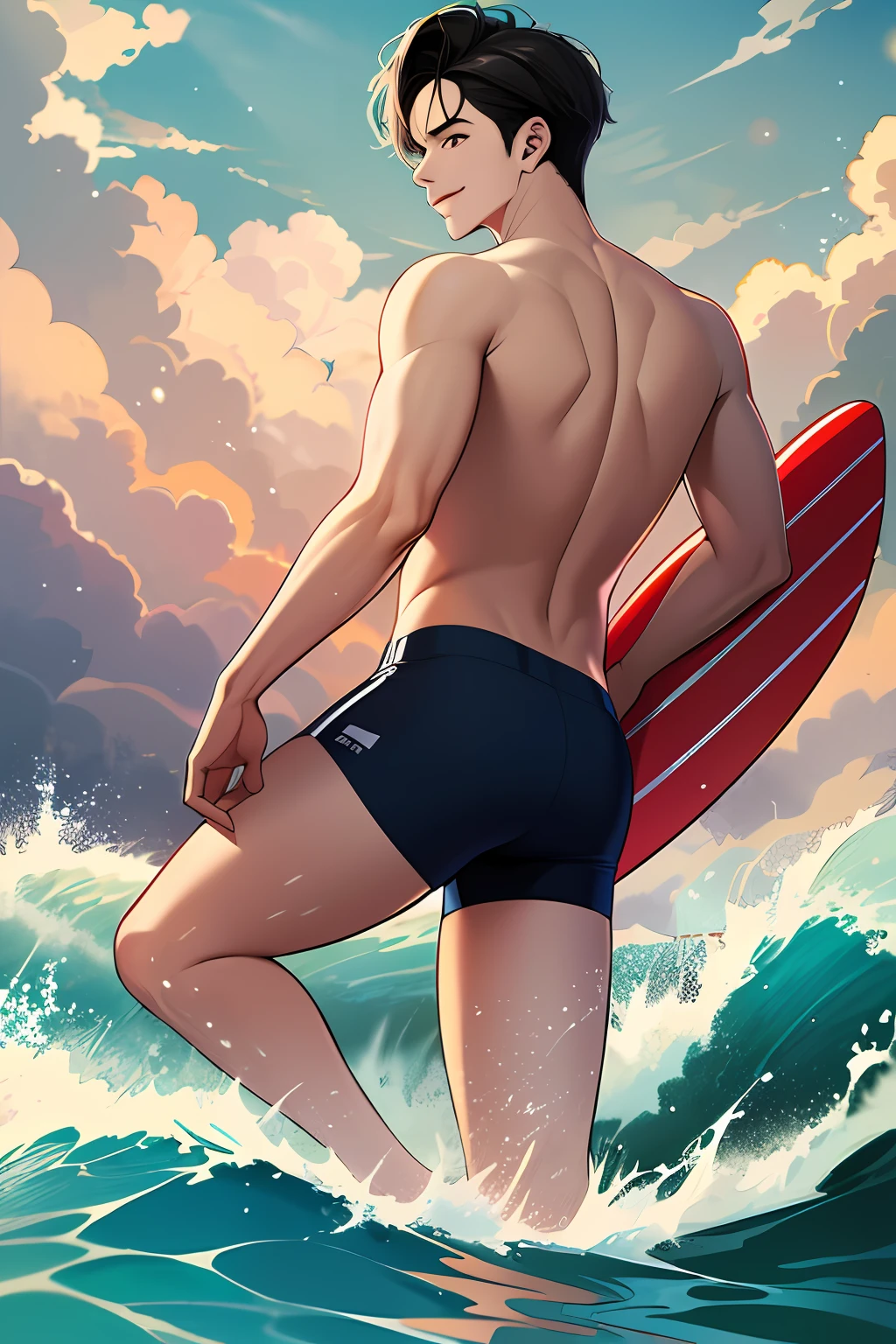 (absurdres, highres, ultra detailed, HDR), masterpiece, best quality, a boy playing surfboard in sea, solo, handsome, short hair, black hair, finely eye and detailed face, white pale skin, bare chest, swim trunks, surf, smirk, sunny sky and cloudy, full body view, from side, from behind, look at viewer