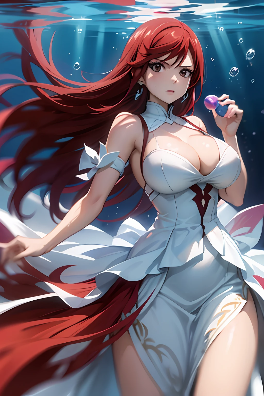1girl, solo, erza scarlet, fairy tail, red hair, brown eyes, dress, long hair, breasts, underwater, cleavage, bubble, white dress, air bubble, jewelry, large breasts, earrings,full body
