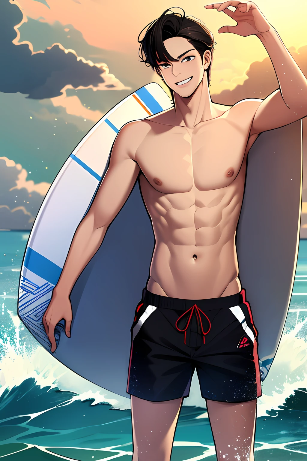 (absurdres, highres, ultra detailed, HDR), masterpiece, best quality, a boy playing surfboard in sea, solo, handsome, short hair, black hair, finely eye and detailed face, white pale skin, bare chest, swim trunks, surf, smirk, sunny sky and cloudy, full body view, from side, from behind, look at viewer