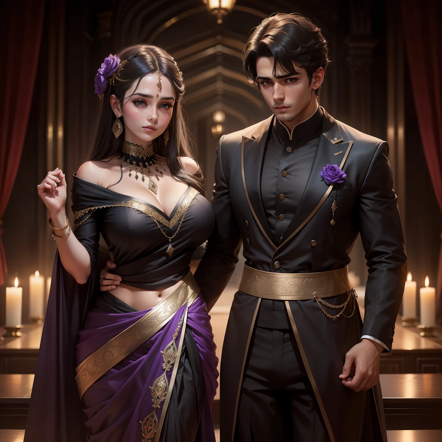 A boy holding a girl's hands, romantic, black and purplesaris dress , high quality detail, ultra realistic, big boobs, waist out, 18 old boy, old girl,