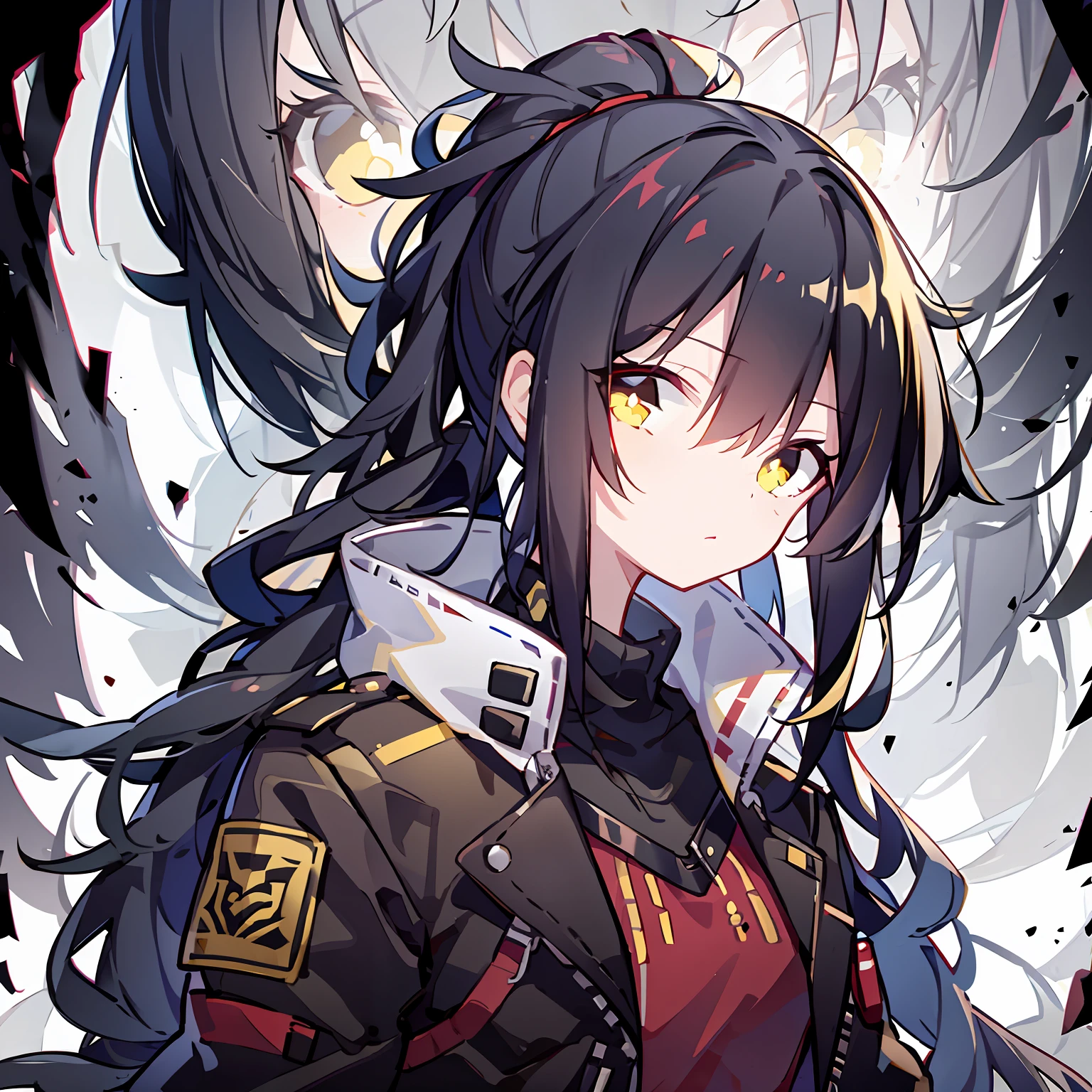 Black hair, ponytail, yellow eyes, black jacket, red shirt,