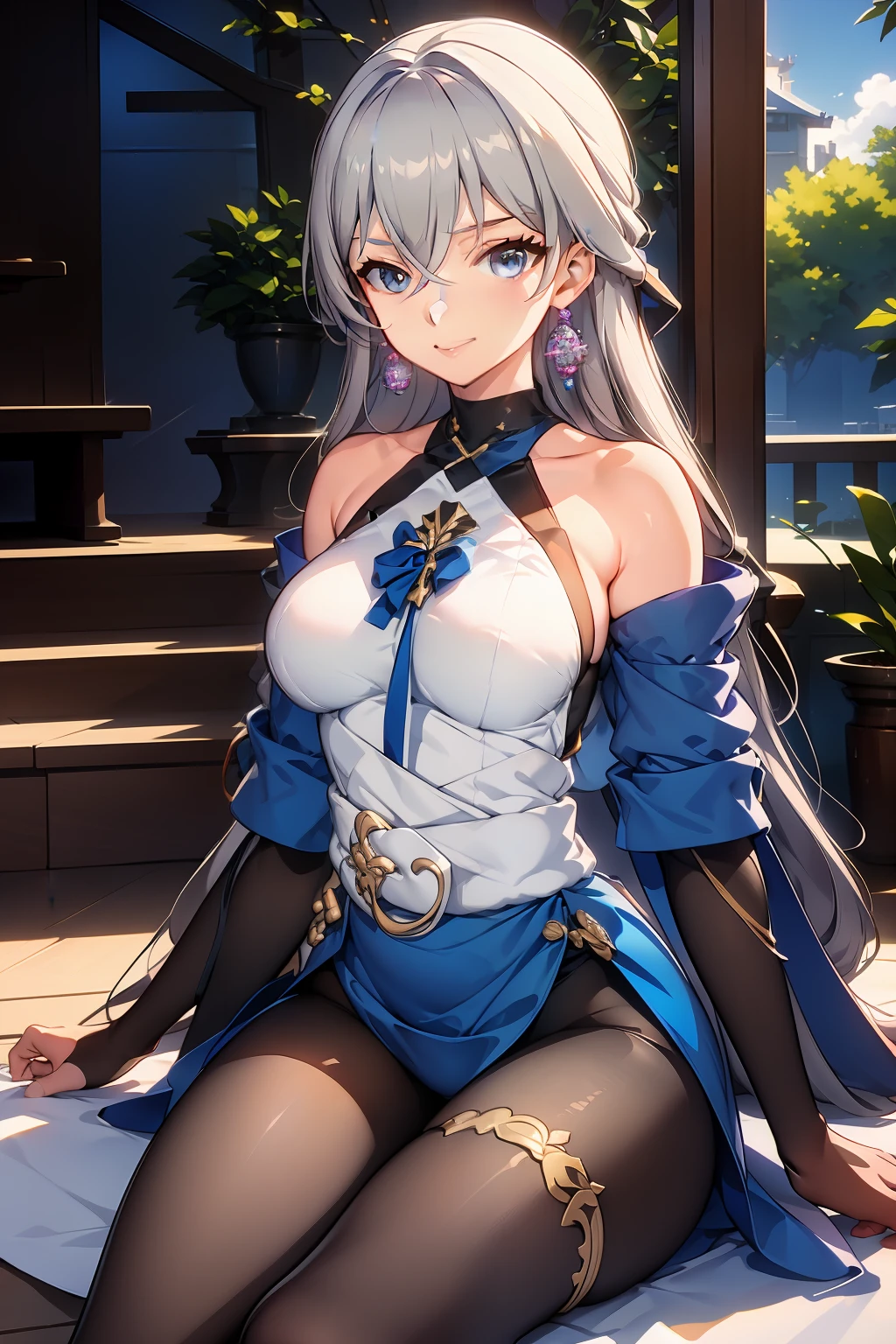 (masterpiece),best quality, expressive eyes, perfect face, 1girl,
big breast, H-cup, good breast, beautiful, gorgeous,anime,girl,lora, 
 nipple visible  though clothes,ph bronya,
1girl,
solo,
earrings,
long hair,
grey hair,
drill hair,
grey eyes,pantyhose,w sitting, w sitting on ground, legs on ground, hands between thighs, arms between legs, both arms between legs,hands between legs,hand on chest