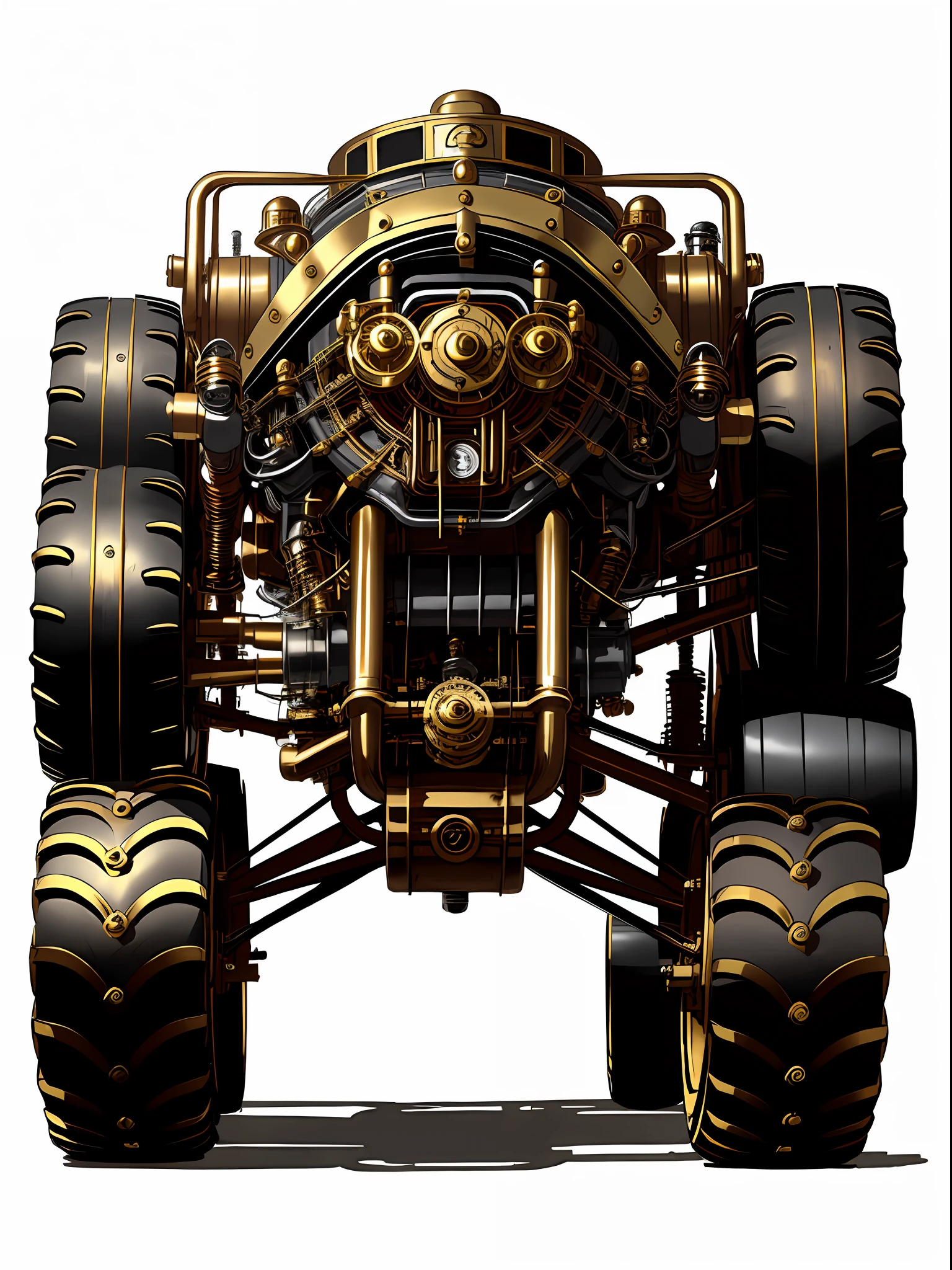 Steampunk monster trucks、from side view、brass、steel、Great photos of pipes、White background