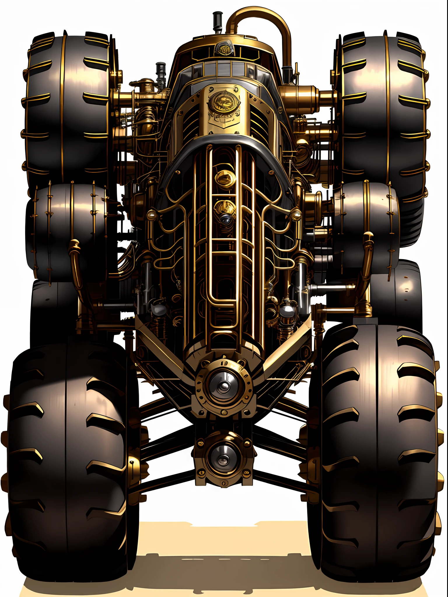 Steampunk monster trucks、from side view、brass、steel、Great photos of pipes、White background