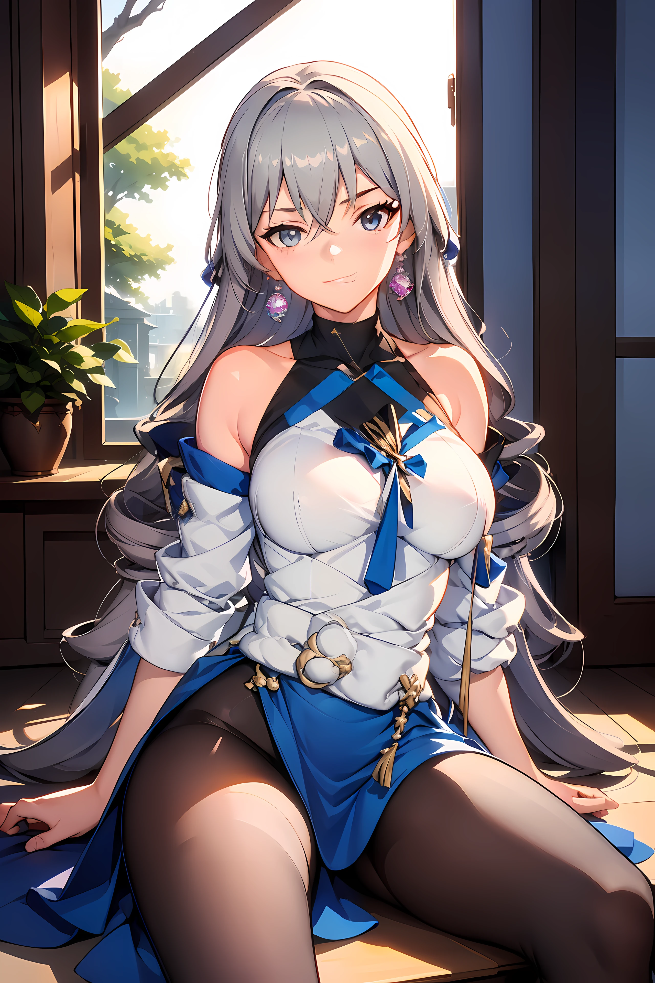 (masterpiece),best quality, expressive eyes, perfect face, 1girl,
big breast, H-cup, good breast, beautiful, gorgeous,anime,girl,lora, 
 nipple visible  though clothes,ph bronya,
1girl,
solo,
earrings,
long hair,
grey hair,
drill hair,
grey eyes,pantyhose,w sitting, w sitting on ground, legs on ground, hands between thighs, arms between legs, both arms between legs,hands between legs,hand on chest