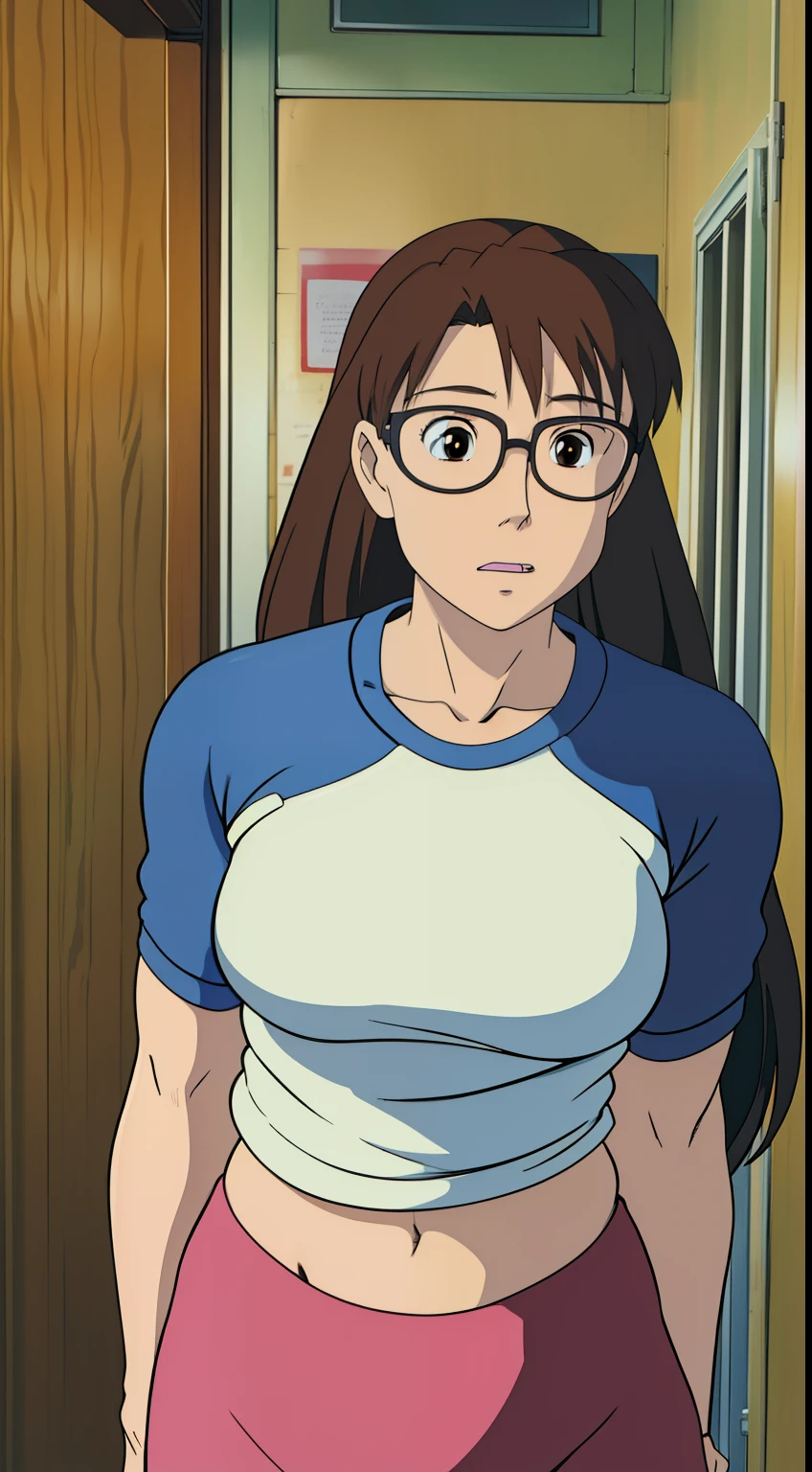 Koyomi Mizuhara, girl, brown hair, long hair, glasses, brown eyes, shirt, biker short leggings, medium breasts, short socks, shoes, Wallpaper, standing up, close-up view, luscious lips, front view