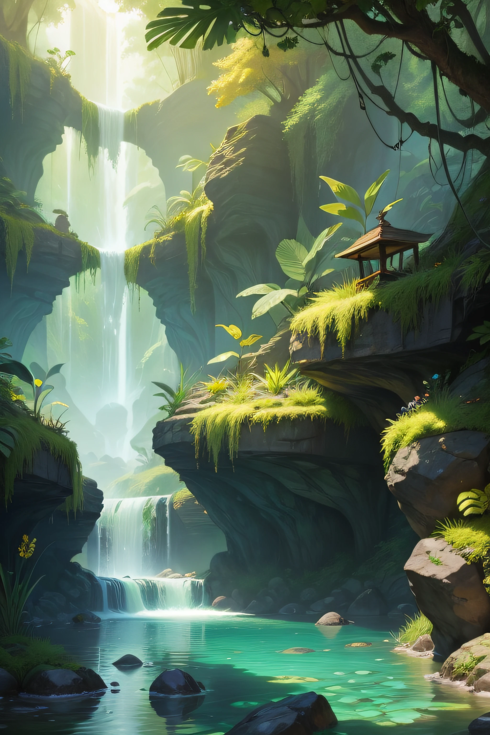 jungle fantasy with magic , have water in fly stone , many butter fly , green, yellow tone , semireal art style , anime