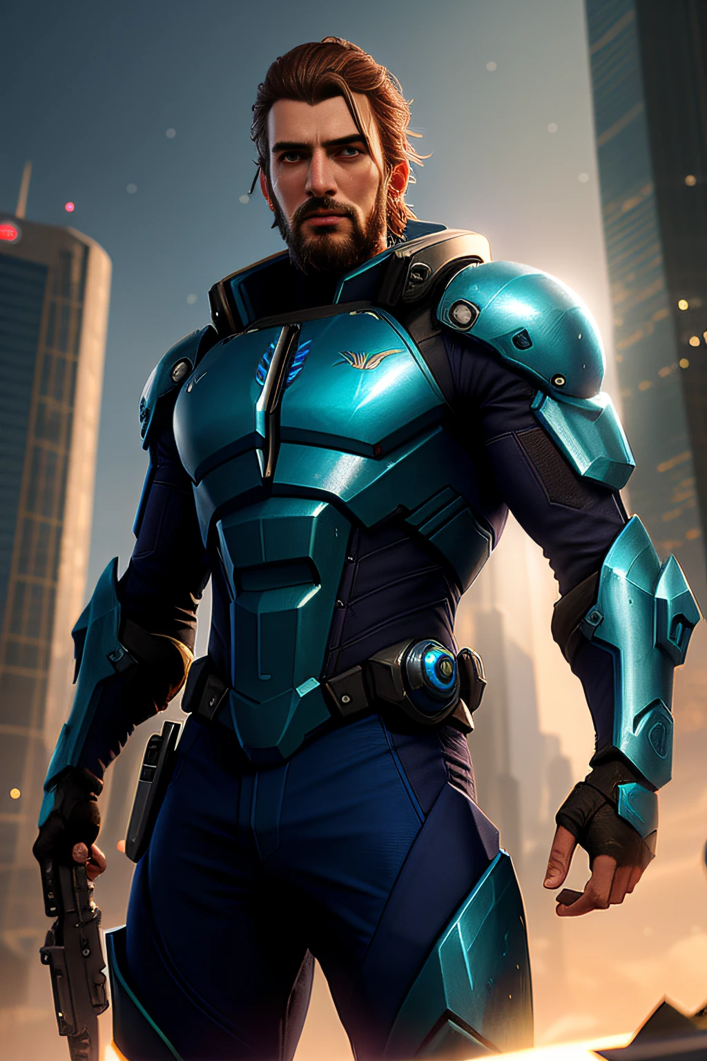 Homem de terno azul com arma em frente a uma cidade, 3 d render arte do caractere 8 k, Trending in ArtStation 4K, octane trending on cgsociety, Sigma de Overwatch, Arte conceitual como Ernest Khalimov, Arnold Maya render, musculoso! Cyberpunk, trending on artstation hd, ciborgue azul, trending in cgsociety