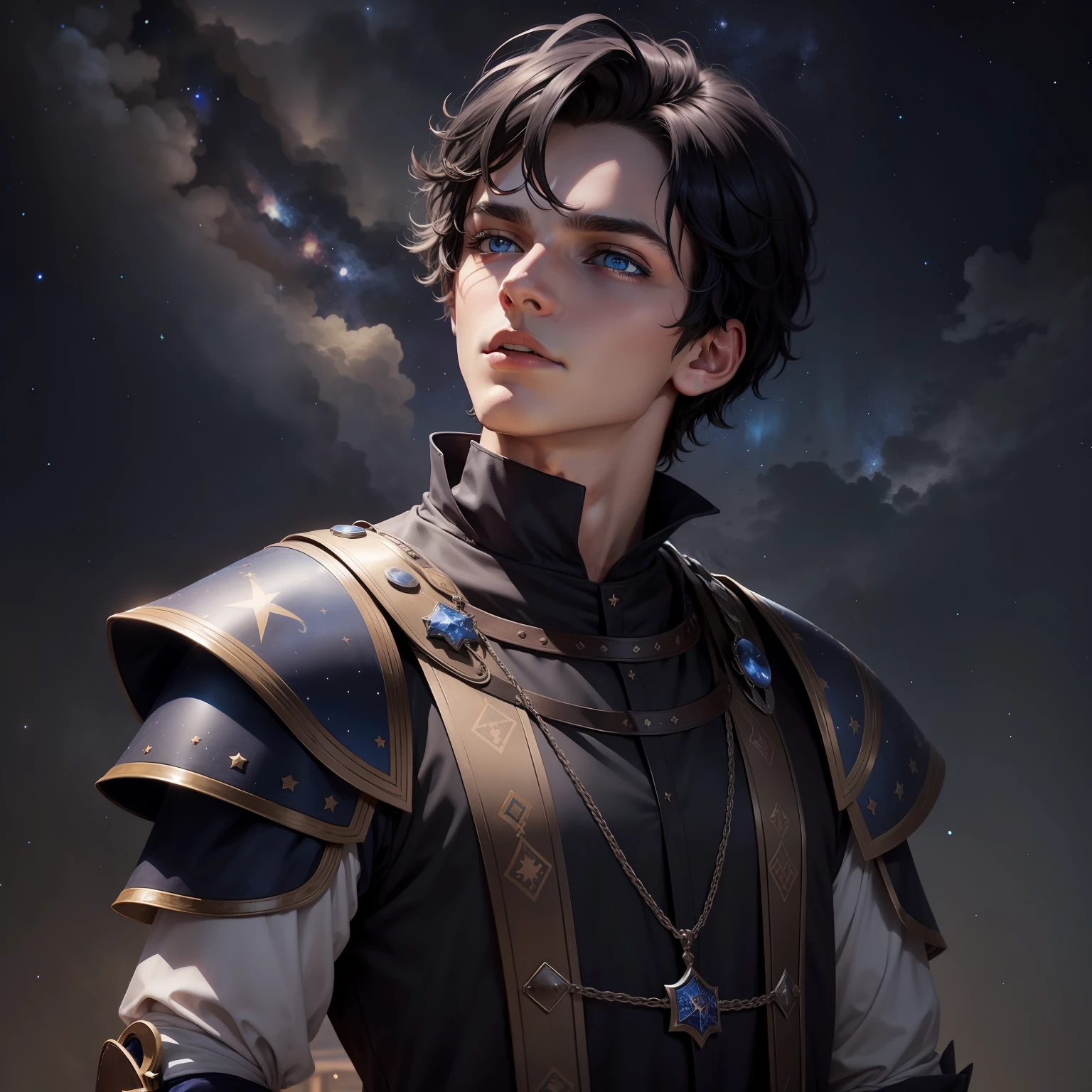 Homem de 16 anos, com cabelo preto e olho azul. His outfit is medieval and he's looking up at the starry sky.