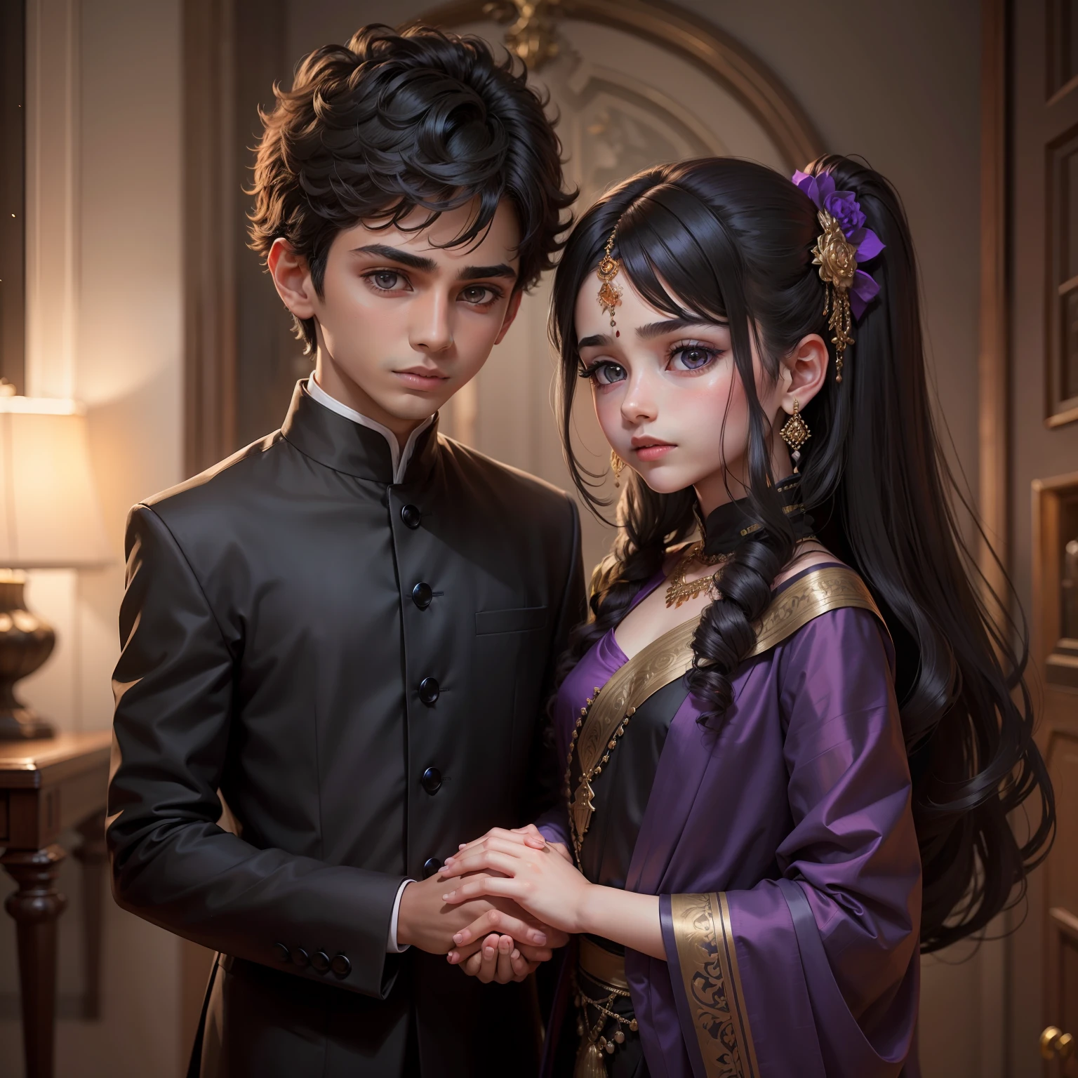 A boy holding a girl's hands, romantic, black and purplesaris dress , high quality detail, ultra realisti, 18 old boy, 16old girl, smart handsome boy, pretty girls, boy hair black and small,