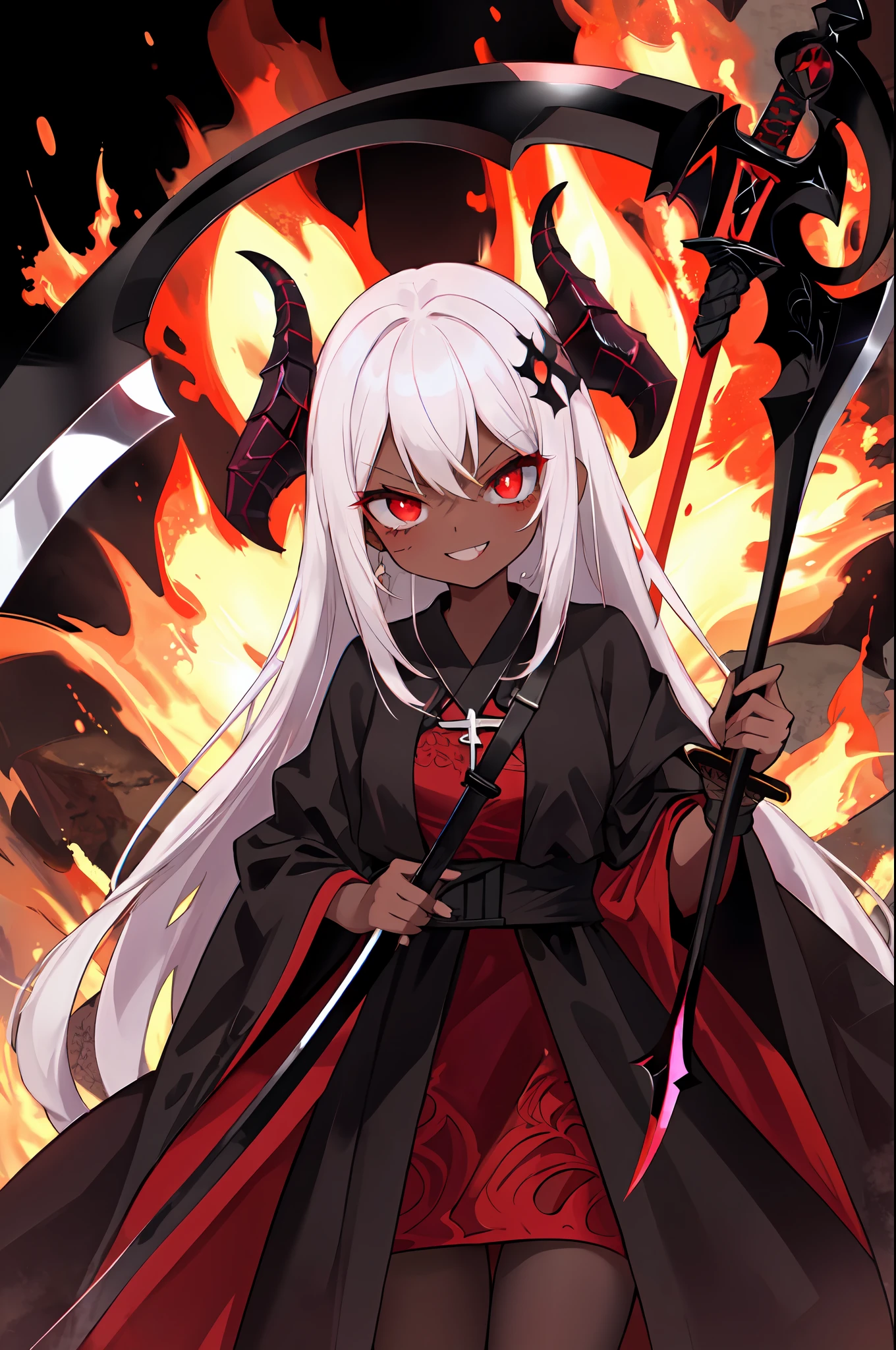 (masterpiece),(best quality),Exquisite visuals,high-definition,(ultra detailed), dark skin, black skin, ((holding a staff, or hell sword or scythe )), hellish ((messenger)), a charming girl with (long demonic horns), in the depths of hell,( fire and lava) background, they are in hell. the letter has a heart, she has a (devils tail) and a gothic robe, glowing red eyes, (beautiful detailed eyes),Kawai,loveliness, 4k, full of details, intricate, gentle, beautiful, creepy cute, evil smile, evil, malefic smile, crazy expression, angry but smiling