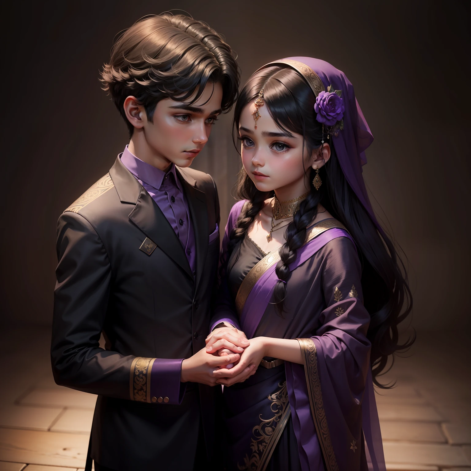 A boy holding a girl's hands, romantic, black and purplesaris dress , high quality detail, ultra realisti, 18 old boy, 16old girl,