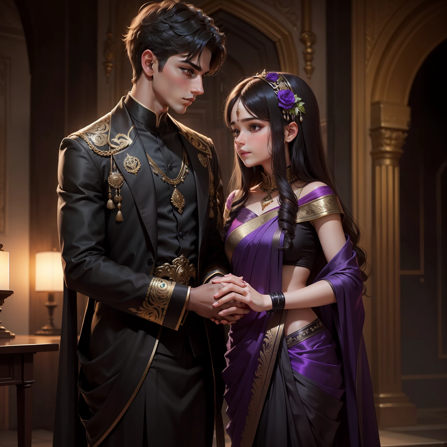 A boy holding a girl's hands, romantic, black and purplesaris dress , high quality detail, ultra realistic, waist out, 18 old boy, old girl,