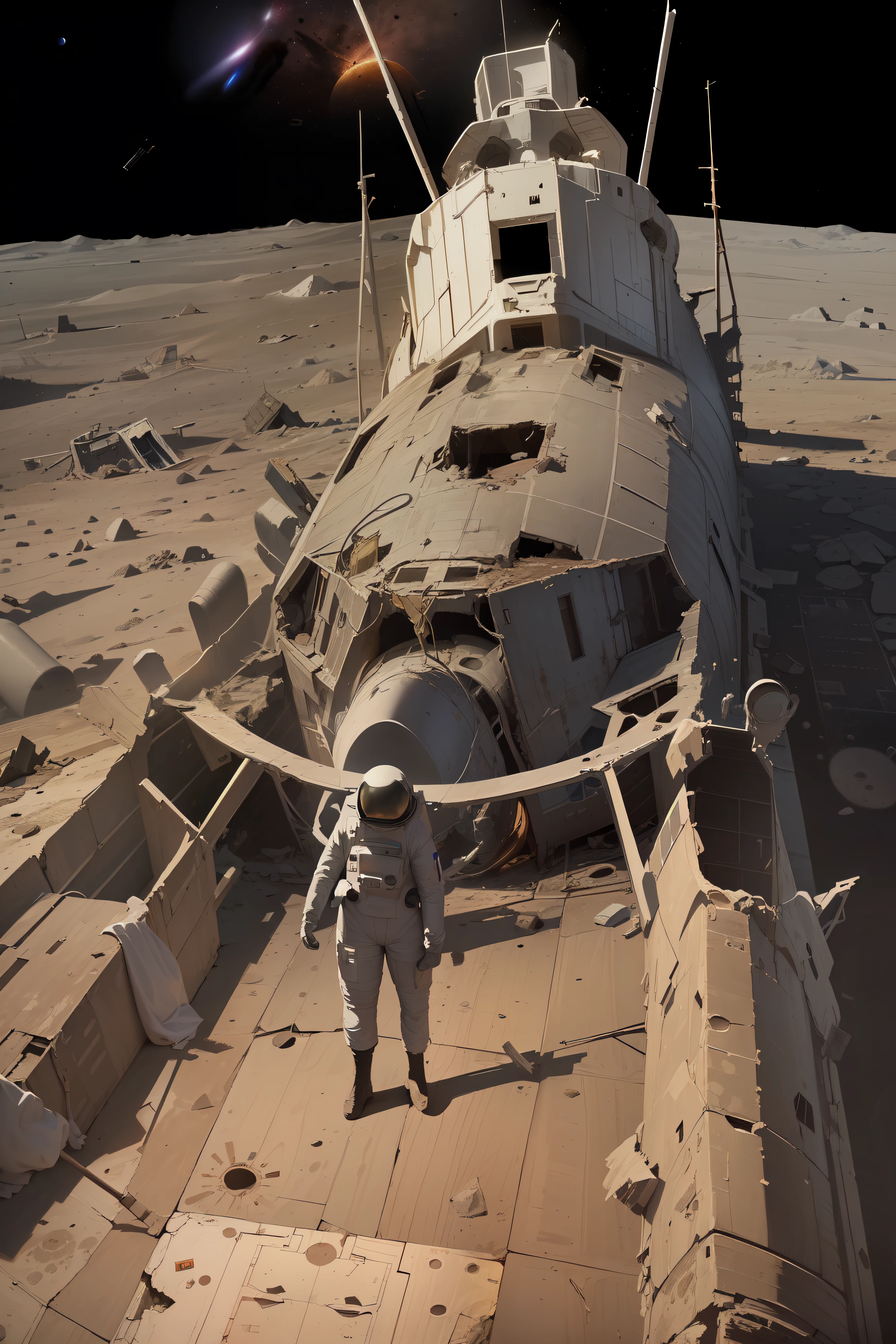 (A huge shipwreck of a spacecraft crashed on the lunar surface:1.5), Cielo negro con estrellas, con escombros esparcidos alrededor, (Damaged, Oxidado, manchado, Agrietado:1.3),
Some small transport vehicles are driving the distance, La tierra se puede ver en el cielo, one large and one small, En el cielo, (Un astronauta de pie a un lado:1.5),
Close Search View,
extremadamente detallado, 8k, doomsday punk style, cold colors