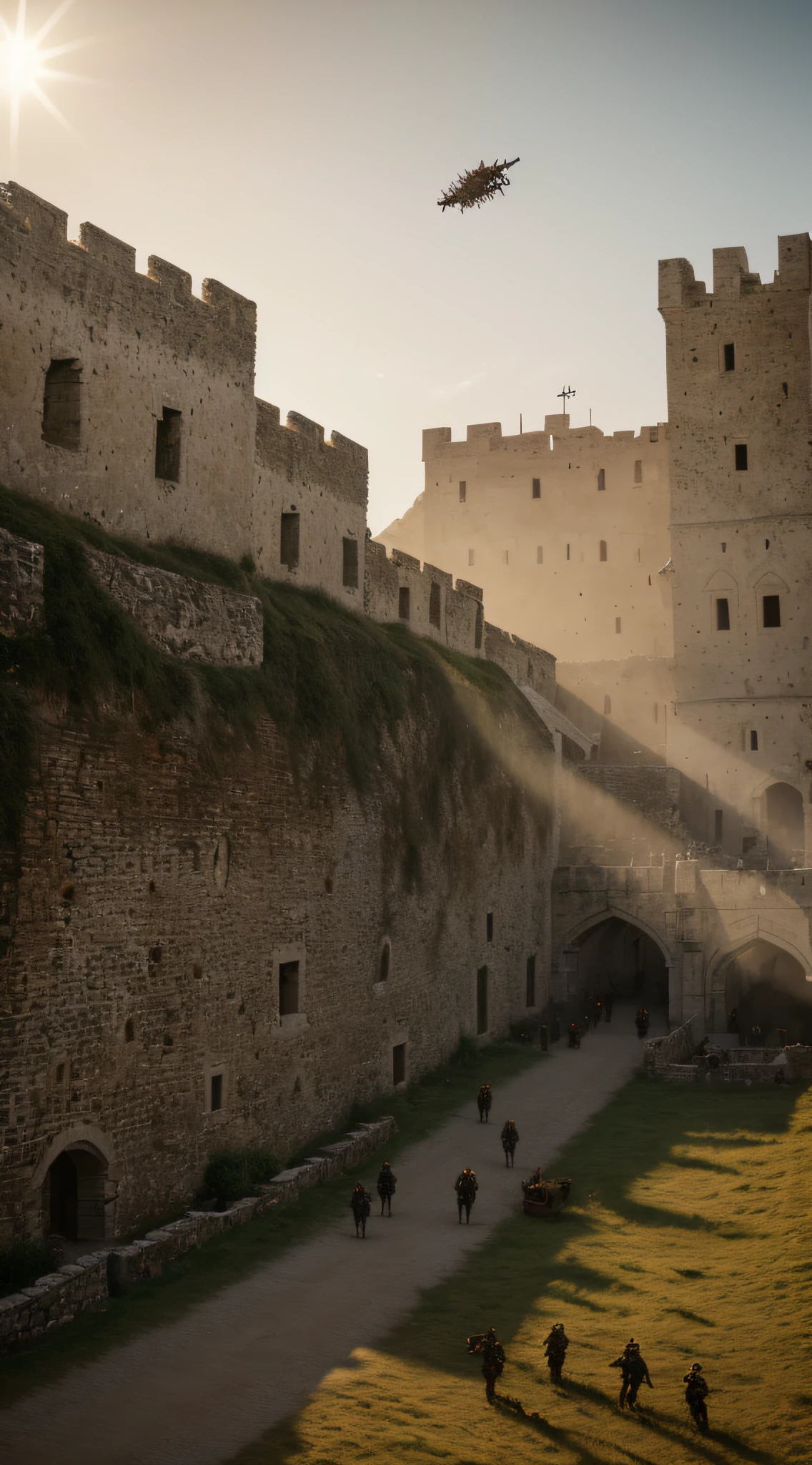{A spine-chilling sight of a plague-infested corpse hurtling through the sky above the fortified walls of Caffa, depicting the precise moment post catapult release.}, Digital Photograph, No Art Style, No Art Inspirations, Super Telephoto Lens, POV Shot, Render: (detailed:1), (4K:1.2), Lighting: (dusk light:1), (sun light:1.1).