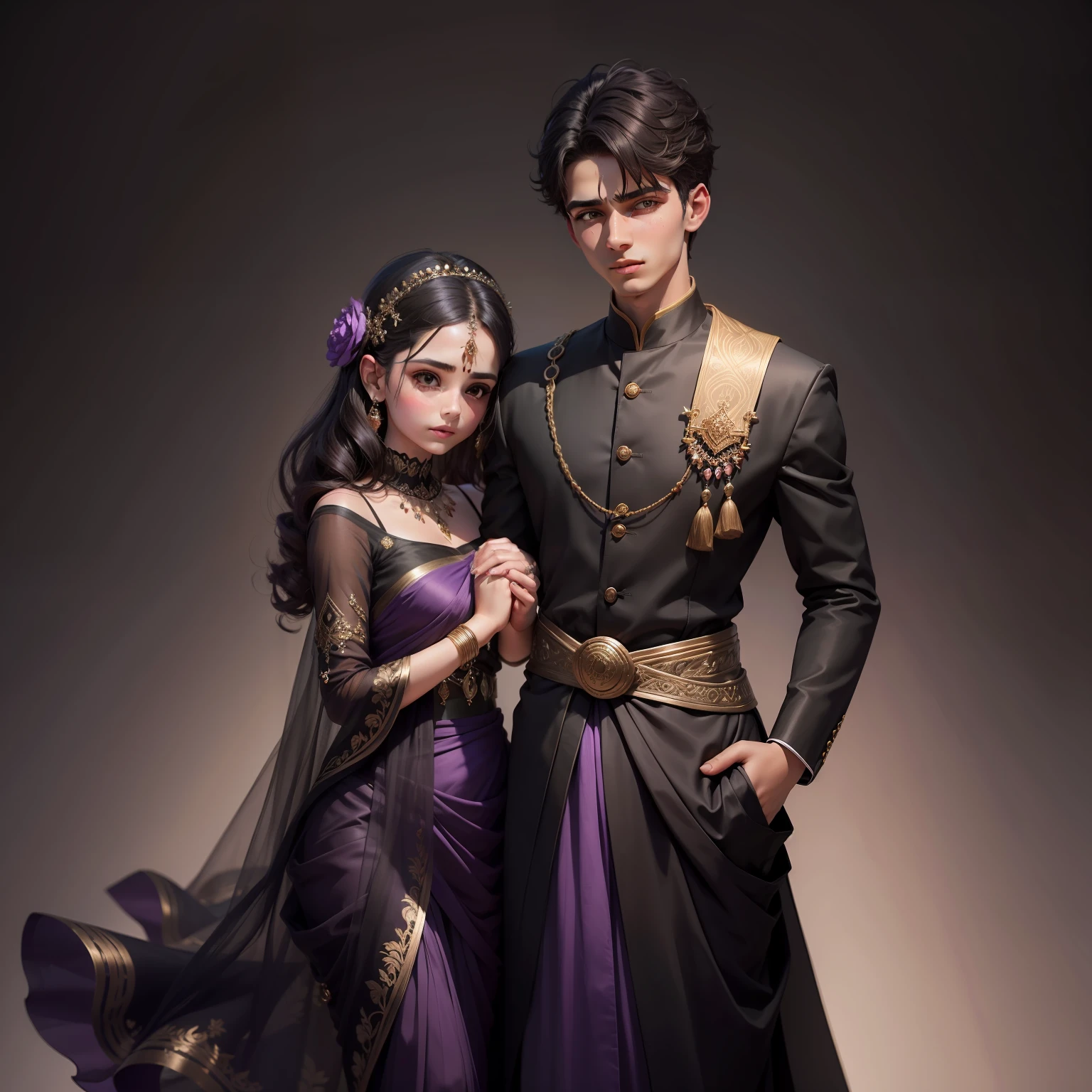 A boy holding a girl's hands, romantic, black and purplesaris dress , high quality detail, ultra realistic, waist out, 18 old boy, 16old girl,