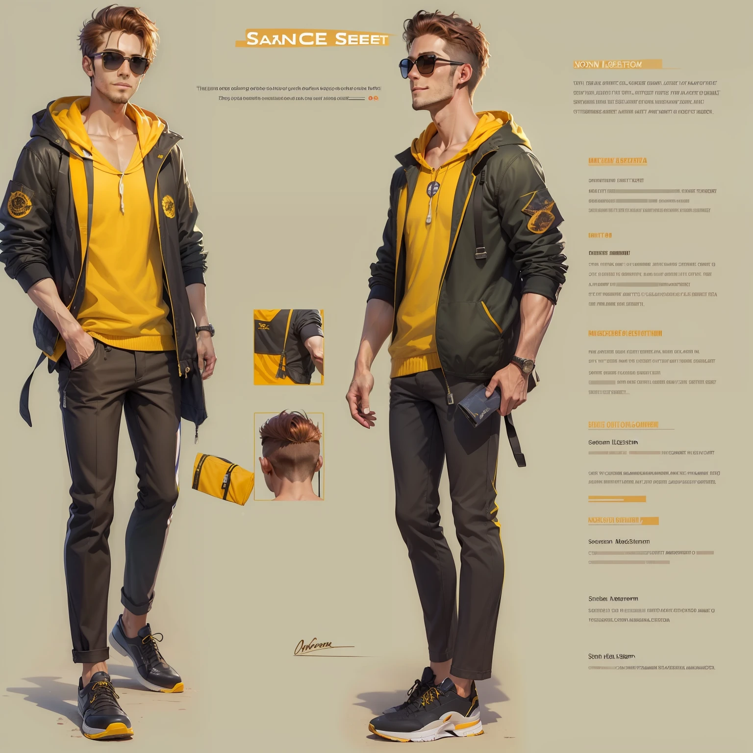 (Personagem original) ((refer ence sheet)) homem de 20 anos, 175cm, cabelos longos vermelhos, corpo magro, sun glasses, rosto sorridente (((usa moletom amarelo))) style with black pants, sapato vermelho