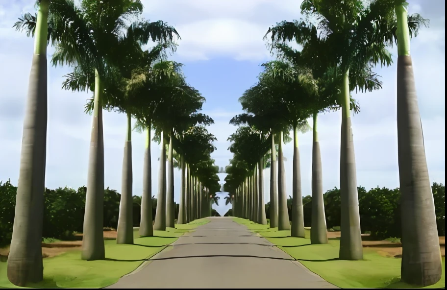 uma vista de uma estrada arborizada com uma fileira de palmeiras, very symmetrical, extremely symmetrical!!, the palms come from the ground, blessing palms, tropical trees, extremely symmetrical, simetria muito coerente, simetria!!!, perfectly symmetrical, highly symmetrical, linhas de palma, simetria perfeita, exotic trees, simetria!!, fully symmetrical, symmetric!!!