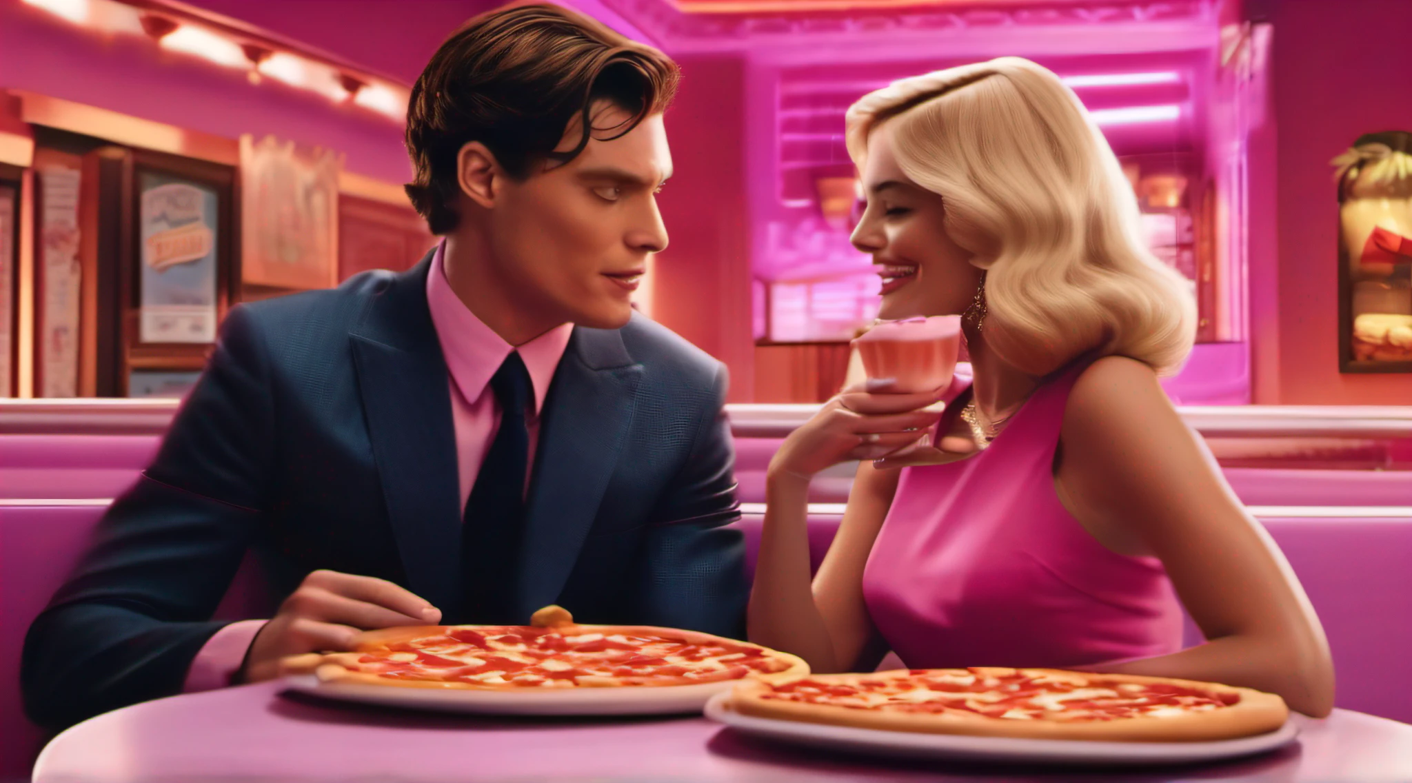 Margot Robbie dressed as a pink Barbie and Cillian Murphy dressed as J. Robert from the Oppenheimer movie, brown suit, eating pizza in a pizzeria. Motion picture. Hyperrealism. 8 k. Highly detailed looks real