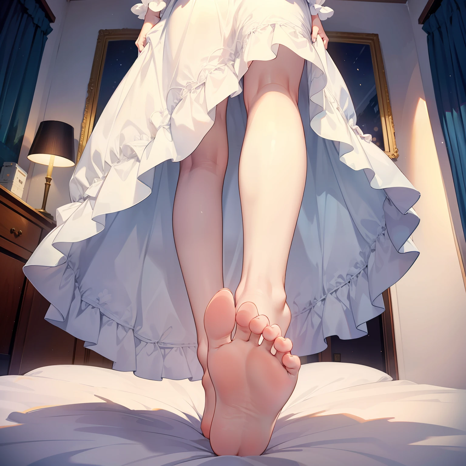 Bunny girl, night gown, bare feet, stepping on user, closeup of feet, stepping on users face, standing up, view from below, bedroom, bottom of feet