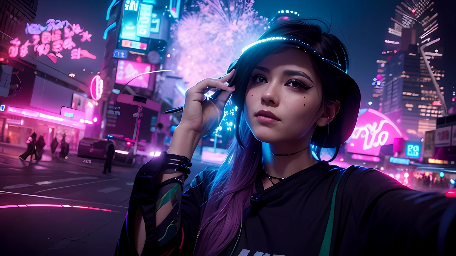 change background into cyberpunk theme, make it look realistic, add some nice details on face, give a little makeup touch, a cute girl, quality will be 8k.