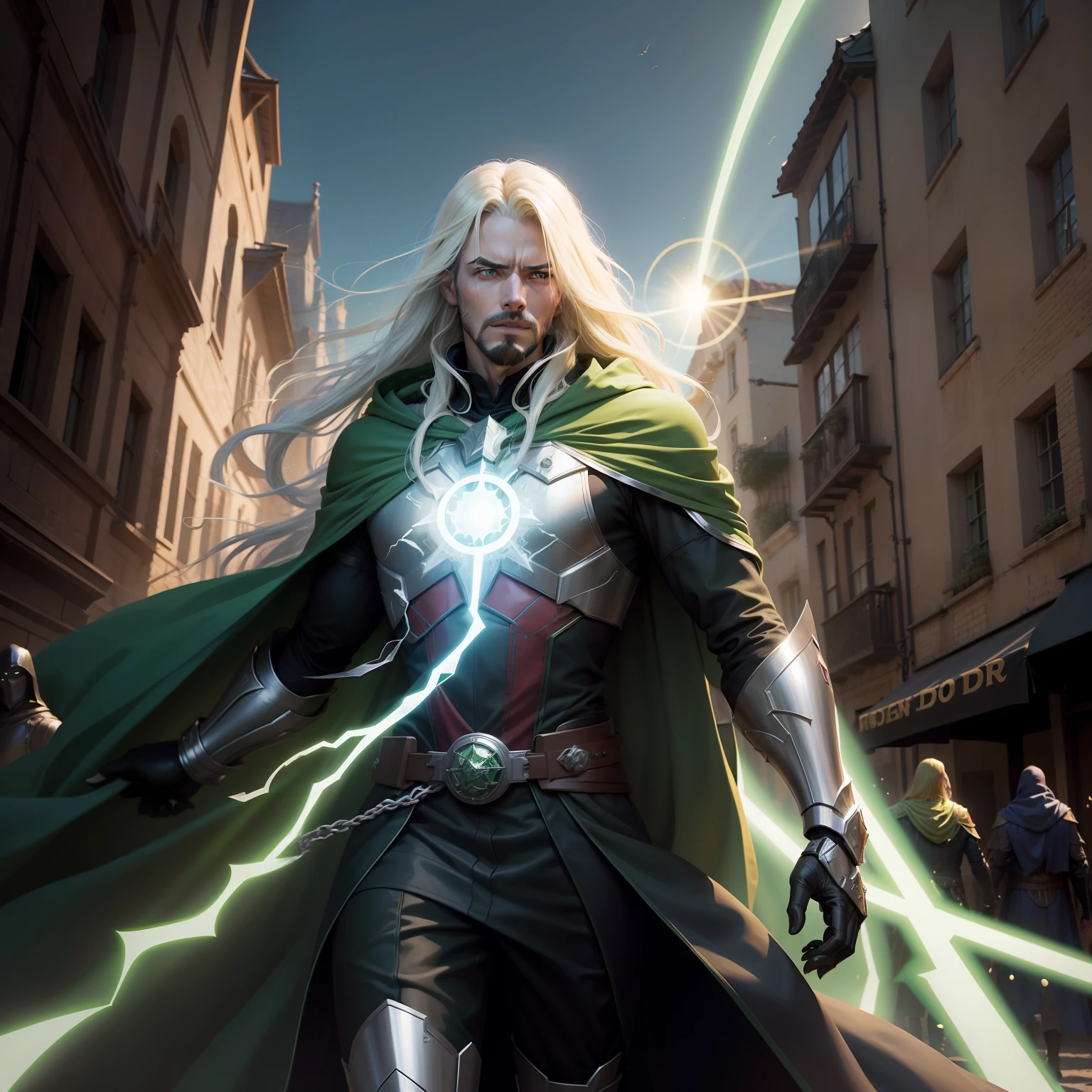 o Crie uma mistura de homen de ferro medieval com doutor destino ( Victor van dom ) and Doctor Strange wearing a green cloak and hood invading a medieval city with an army of robots is one using a green ray spell with a robotic arm and long yellow hair