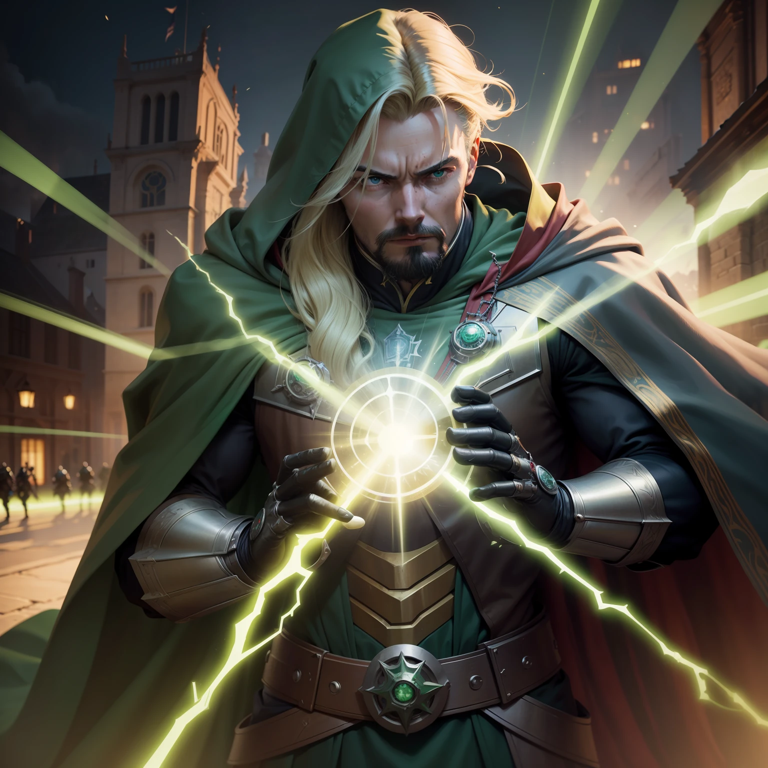 o Crie uma mistura de homen de ferro medieval com doutor destino ( Victor van dom ) and Doctor Strange wearing a green cloak and hood invading a medieval city with an army of robots is one using a green ray spell with a robotic arm and long yellow hair