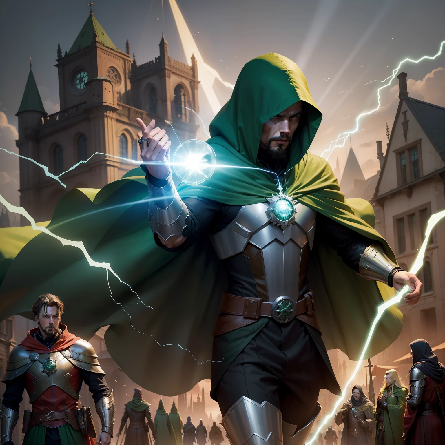 o Crie uma mistura de homen de ferro medieval com doutor destino ( Victor van dom ) and Doctor Strange wearing a green cloak and hood invading a medieval city with an army of robots is one using a green ray spell with a robotic arm and long yellow hair