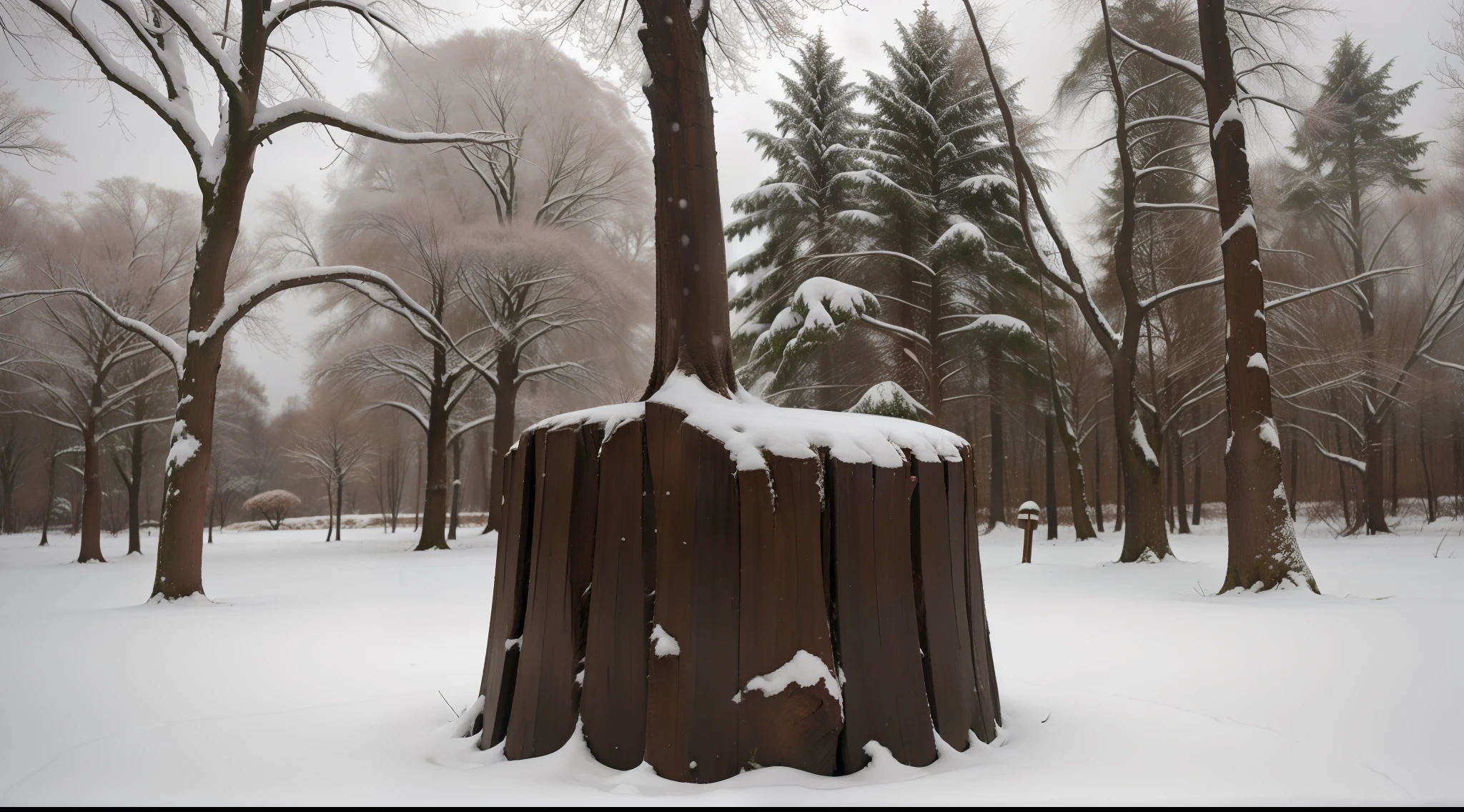A robust and imposing tree trunk, quebrando a monotonia de uma cena de neve, conveying the sense of loneliness and resilience of nature in winter,