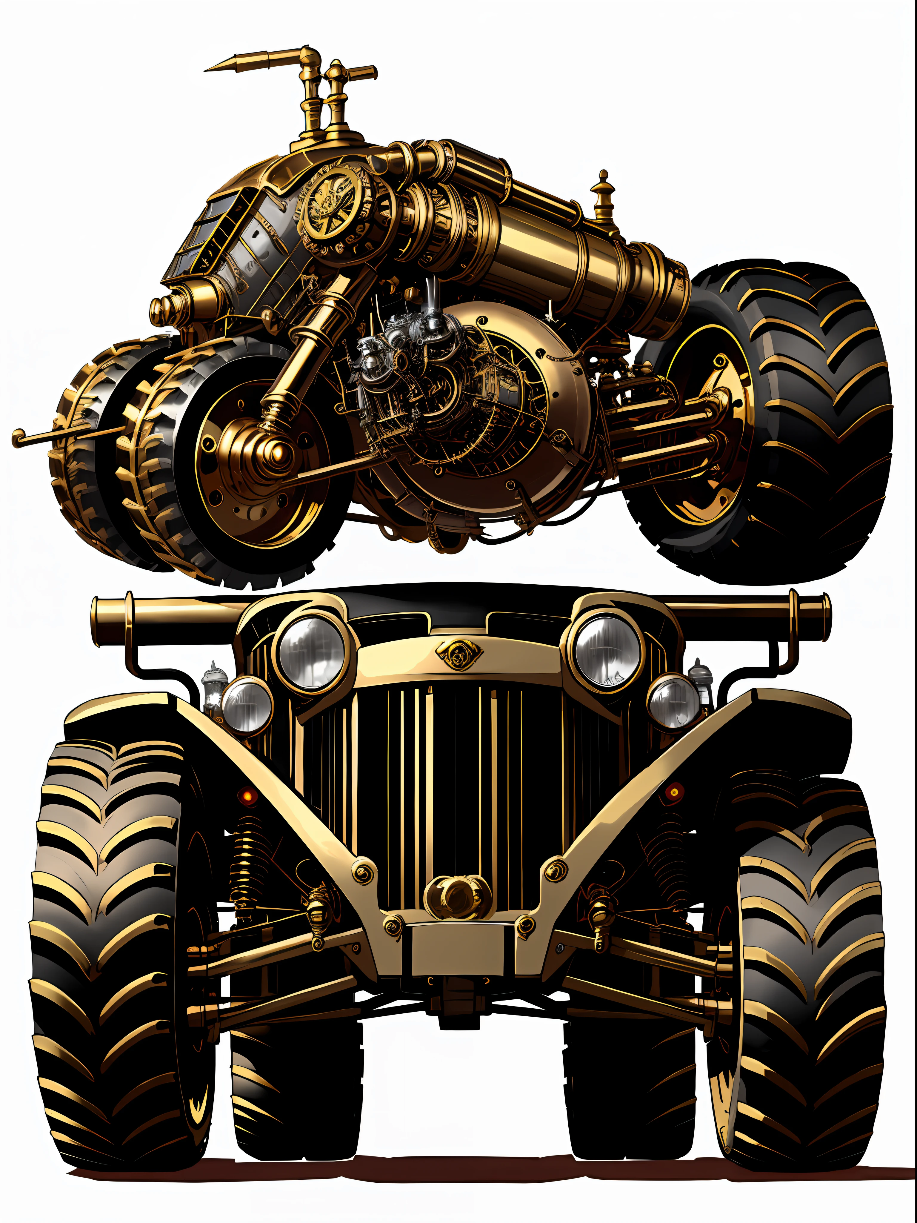 Steampunk monster trucks、from side view、brass、steel、Great photos of pipes、White background