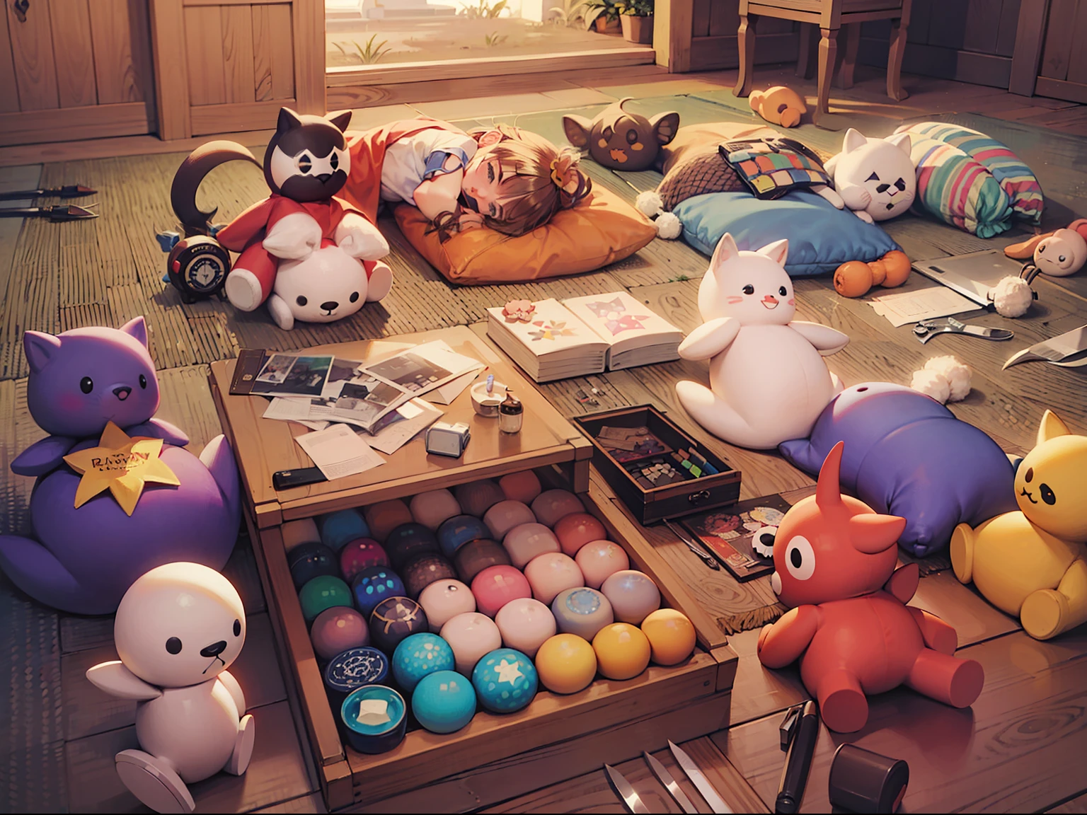 Rainbow, red, yellow, green, blue, orange, purple, many plushes, cotton plushes, medium shot, sparkles, knife palettes, soft, gentle,