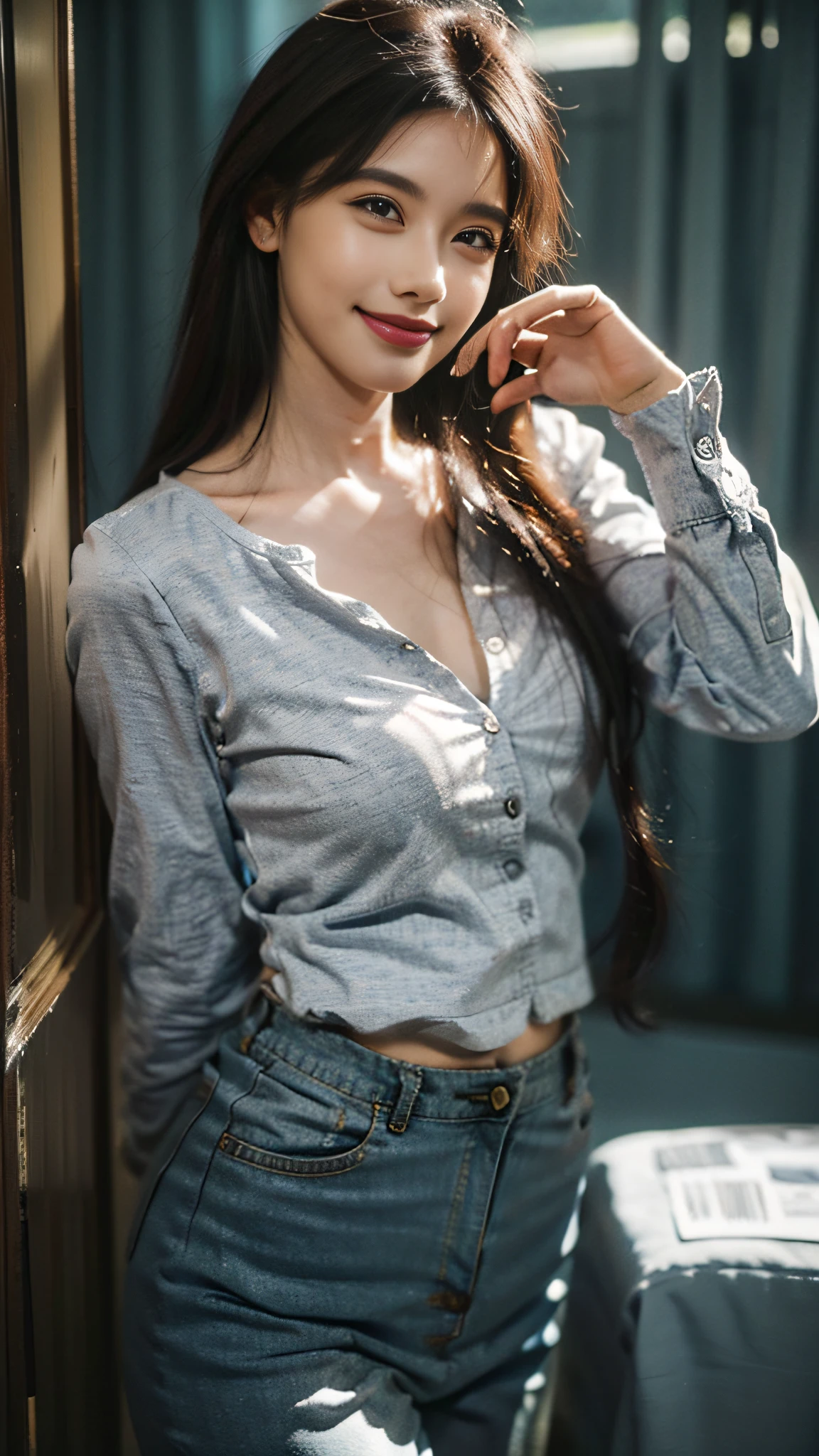 fotorrealismo, amor quarto de hotel, mulher bonita, camisa vermelha, shot preto, corpo detalhado, sorriso, seios pequenos.