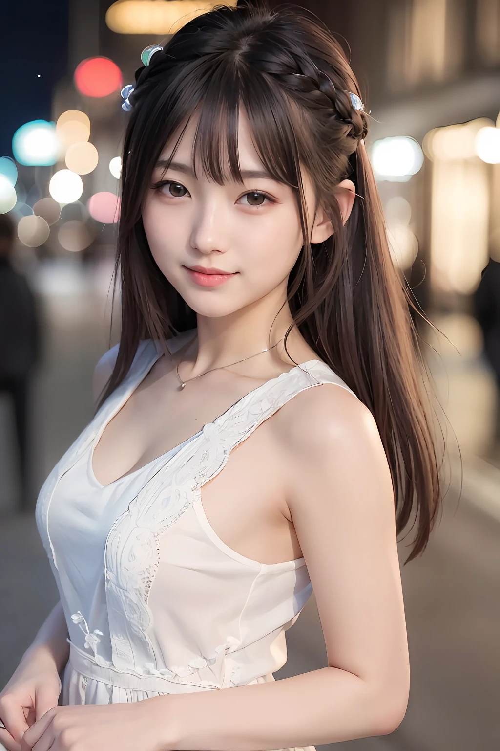(8K、top-quality、masterpiece:1.2)、(reallistic、Photorealsitic:1.37)、The ultra-detailliert、女の子1人、23years old、Medium chest、Beautie、Beautiful and perfect face、Natural smile、独奏、shopping、Downtown at night、onepiece、(Redness of the nose)、(A smile:1.15)、(With mouth closed) 、beautidful eyes、(long:1.2)、Floating hair 、Middle hair、