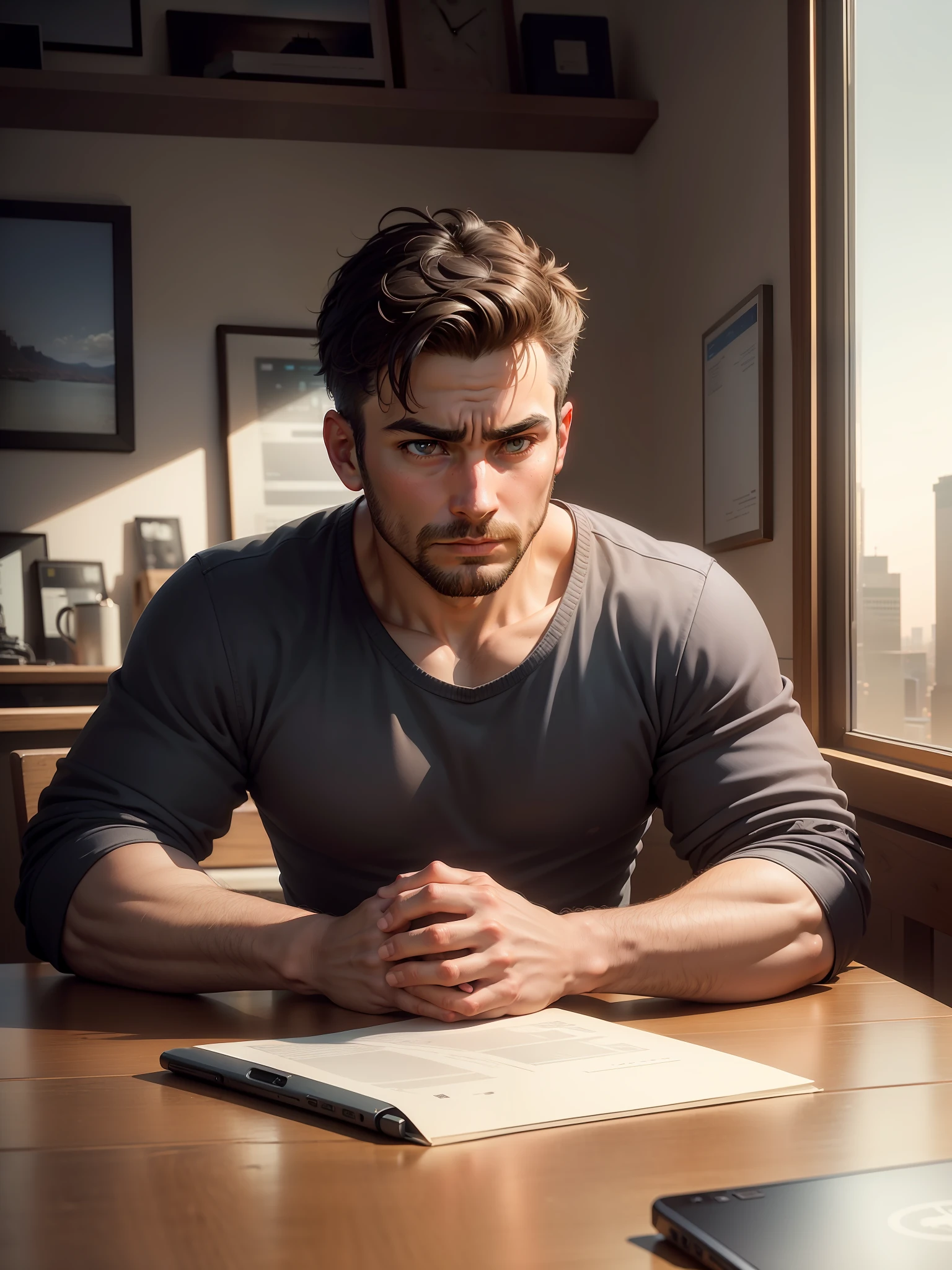 A 30 years old man sits at a wooden table, his brows furrowed with a mix of determination and longing. In front of him, an open laptop displays images of iconic American landmarks – the Statue of Liberty, the Grand Canyon, Times Square. A photo of liberty Statue hangs on the wall behind him, marked with a route from his hometown to various cities in the United States. On the table, a cup of coffee has turned cold, a testament to his absorbed contemplation. His gaze is fixed on the laptop screen, his mind seemingly a thousand miles away, lost in dreams of a new life in America.detail sharpness.uhd.