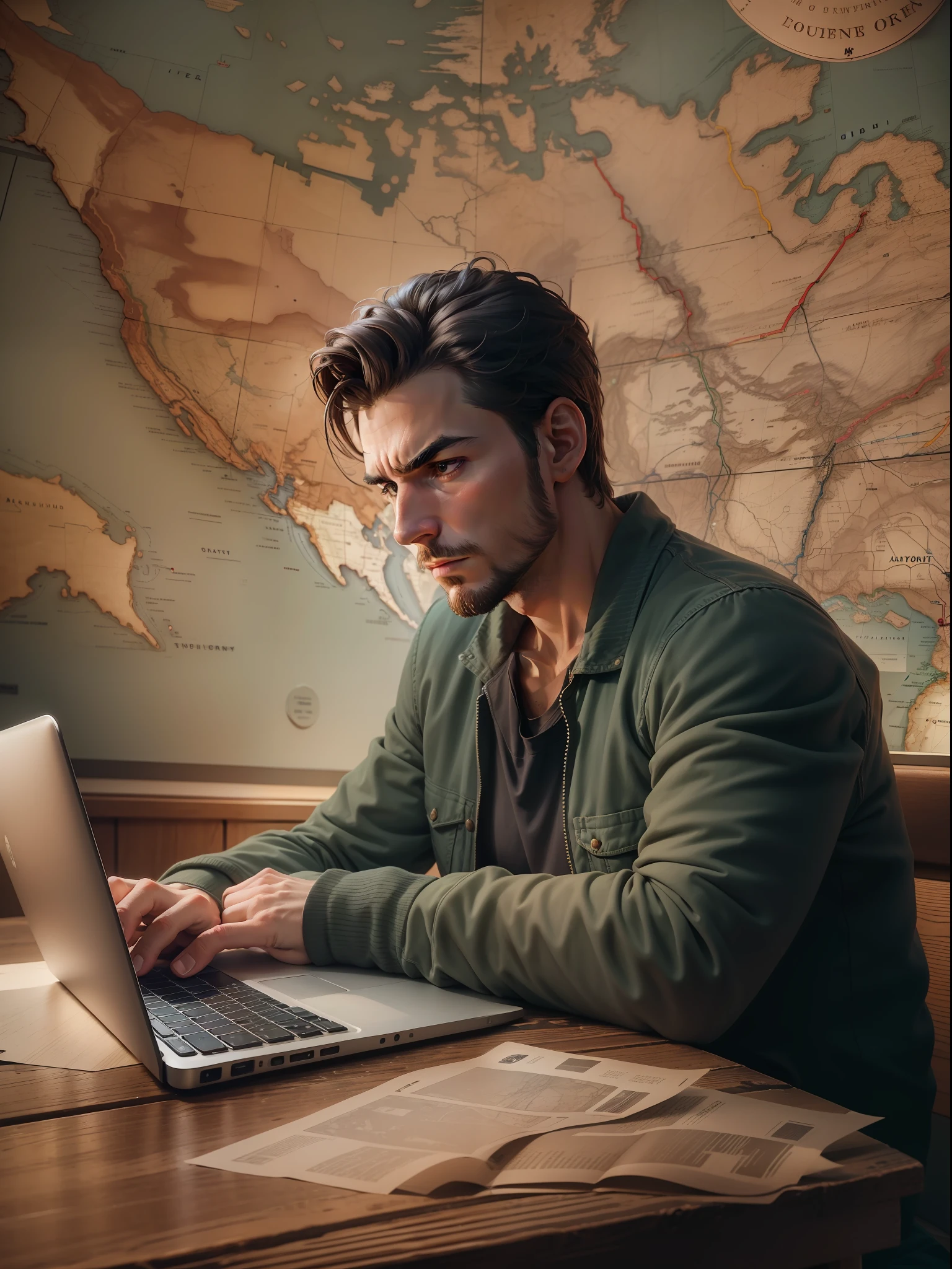 A 30 years old man sits at a wooden table, his brows furrowed with a mix of determination and longing. In front of him, an open laptop displays images of iconic American landmarks – the Statue of Liberty, the Grand Canyon, Times Square. A world map hangs on the wall behind him, marked with a route from his hometown to various cities in the United States. On the table, a cup of coffee has turned cold, a testament to his absorbed contemplation. His gaze is fixed on the laptop screen, his mind seemingly a thousand miles away, lost in dreams of a new life in America.detail sharpness.uhd.