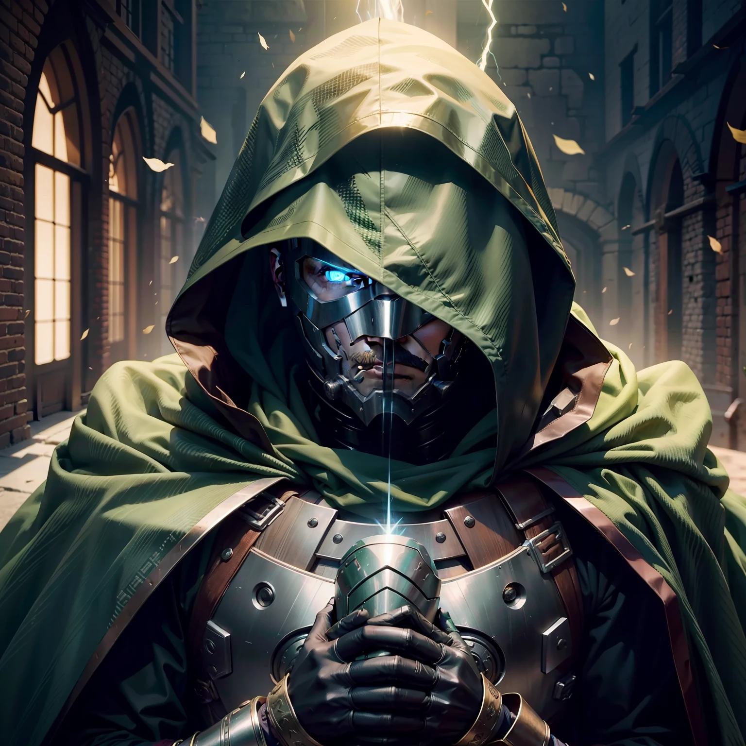 o Crie uma mistura de homen de ferro medieval com doutor destino ( Victor de Dom ) and Doctor Strange wearing a green cloak and hood invading a medieval city with an army of robots is one using a green lightning spell with a robotic arm and long yellow hair AND wearing an iron mask