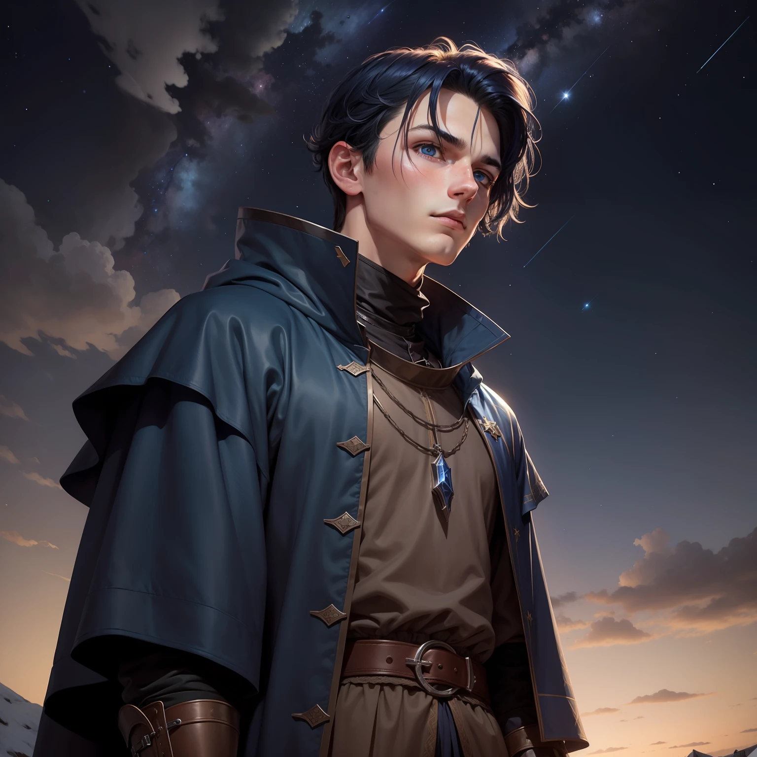 Man with , dark blue hair and blue eyes. He is in medieval clothes and looking up at the starry sky. It's winter
