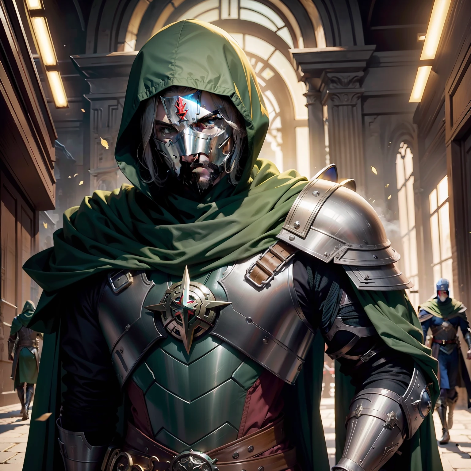 o Crie uma mistura de homen de ferro medieval com doutor destino ( Victor de Dom ) and Doctor Strange wearing a green cloak and hood invading a medieval city with an army of robots is one using a green lightning spell with a robotic arm and long yellow hair AND wearing an iron mask